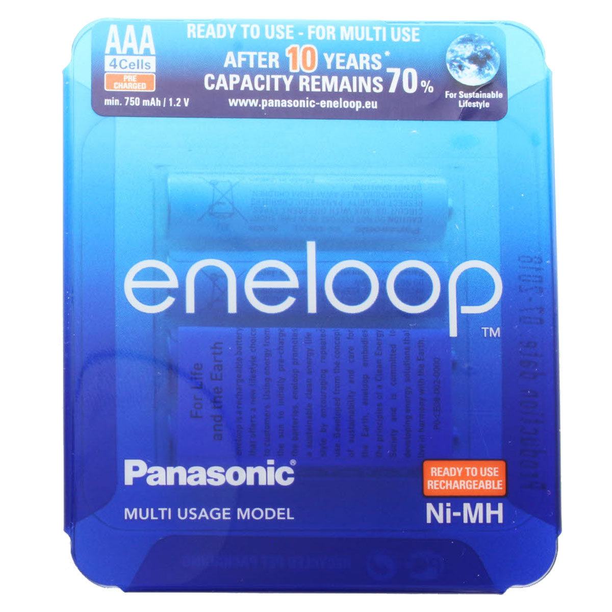 Blaue und transparente Kunststoffverpackung mit vier wiederaufladbaren AAA-Batterien.