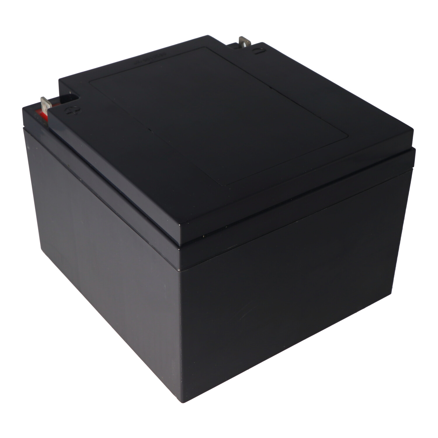 Zwarte batterij in een rechthoekige vorm. Het staat op een witte achtergrond.