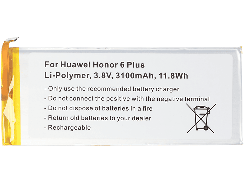 ACCUCELL Akku passend für Huawei Honor 6 Plus, Li-Polymer, 3,8V, 3100mAh, 11,8Wh, built-in, ohne Werkzeug LiPo - Lithium-Polymer Handy-Akku, 3100 mAh