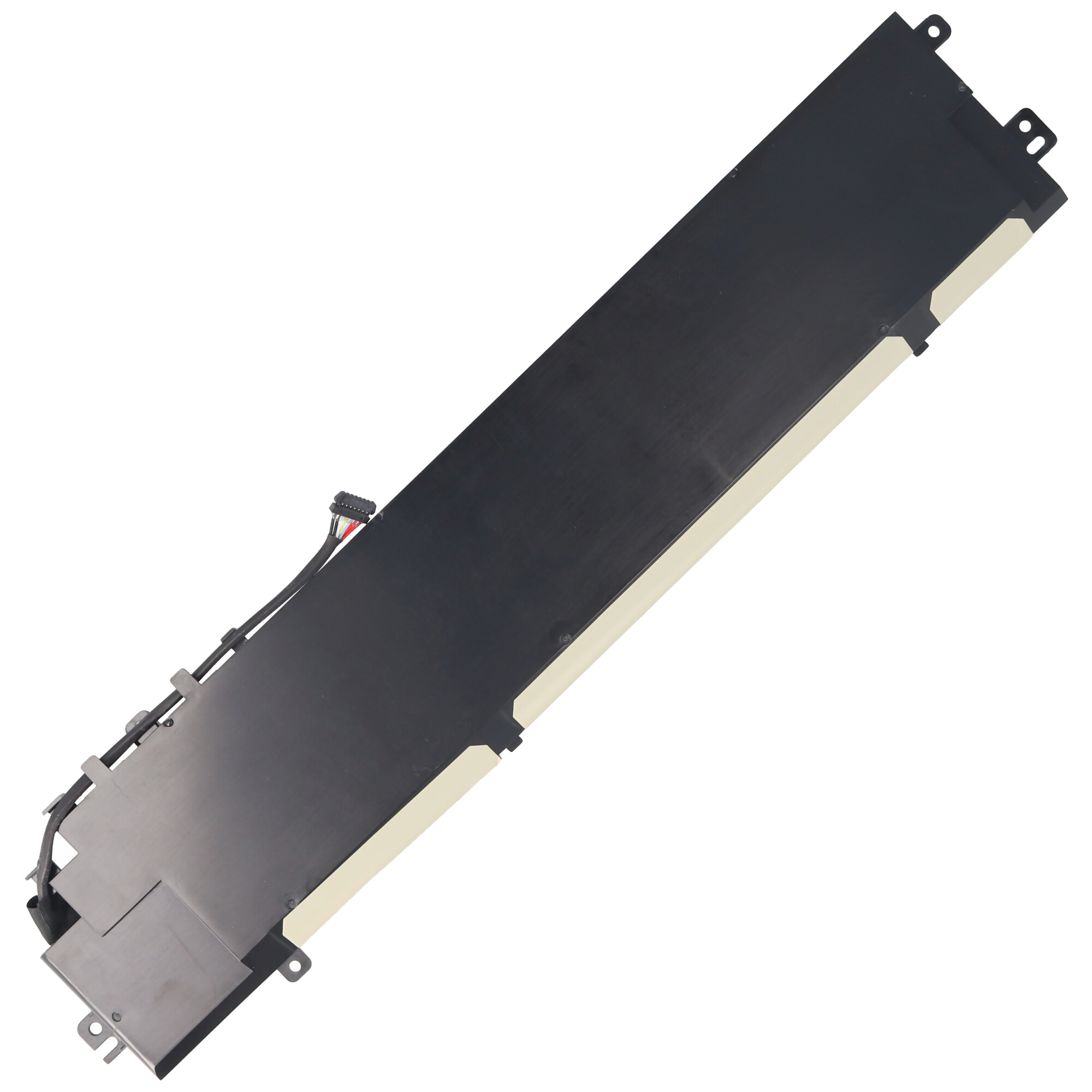 Schwarzer Laptop-Akku. Schwarz-weißer Stecker. Rechteckige, lange Form.