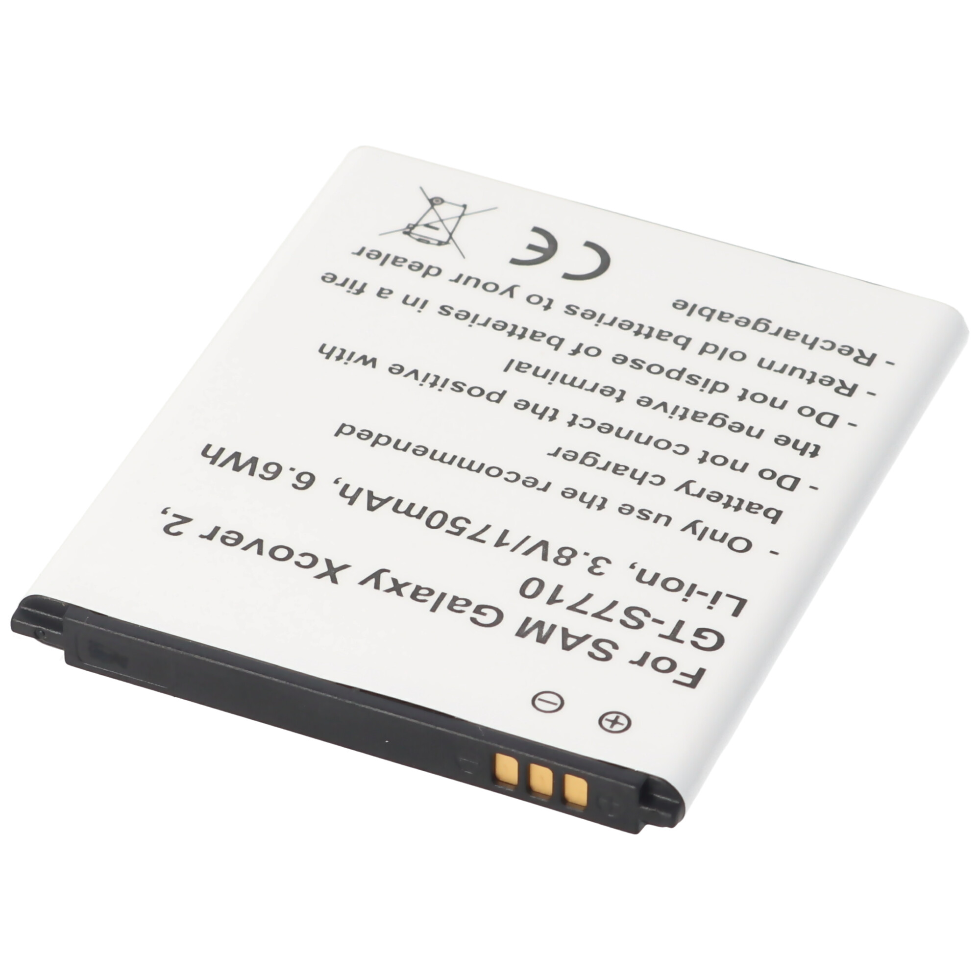 Weißer Akku mit Etiketten und einer Warnung. Für SAM Galaxy Xcover 2, 3,8V/1750mAh, 6,6Wh.