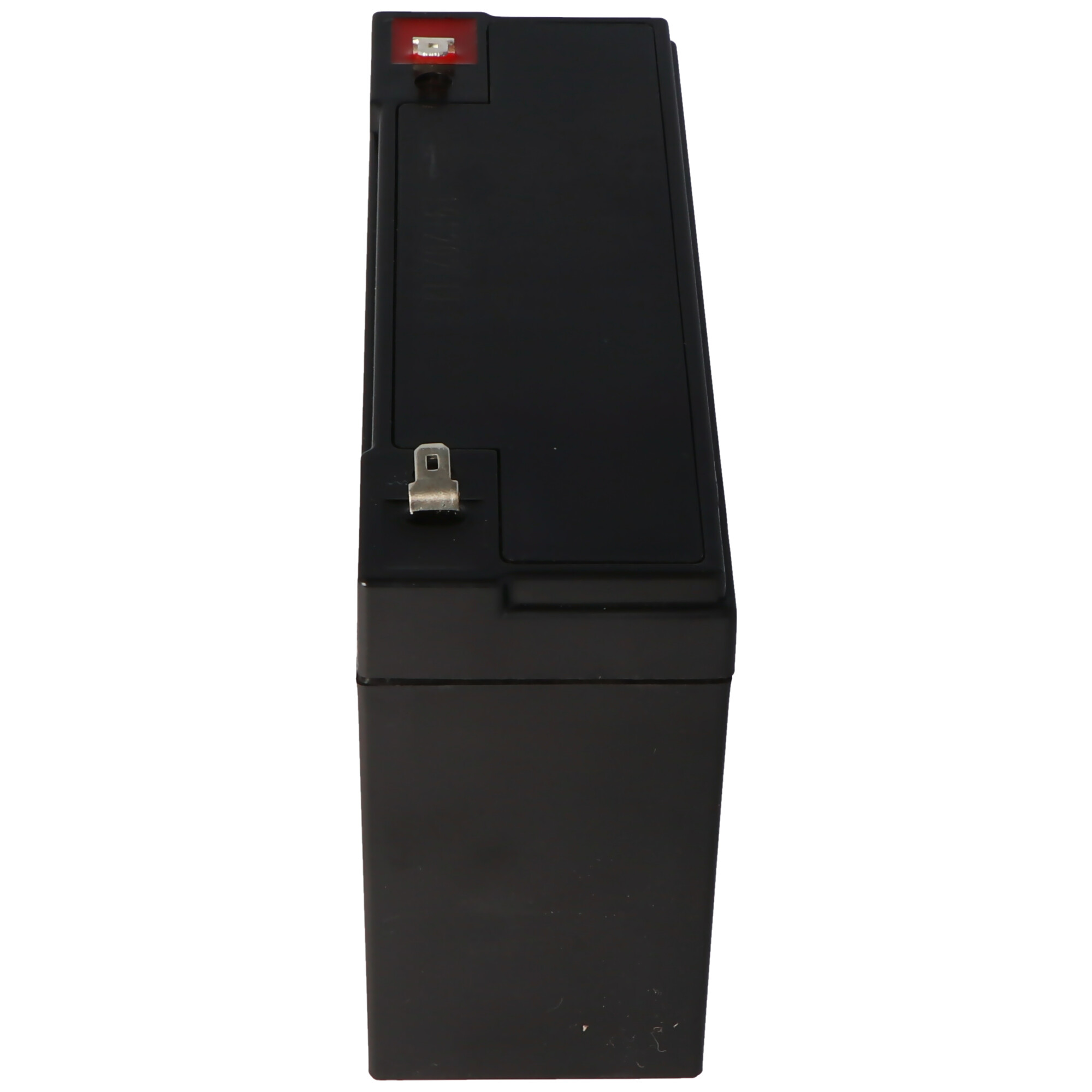 Schwarze rechteckige Batterie. Die Oberseite ist sichtbar.