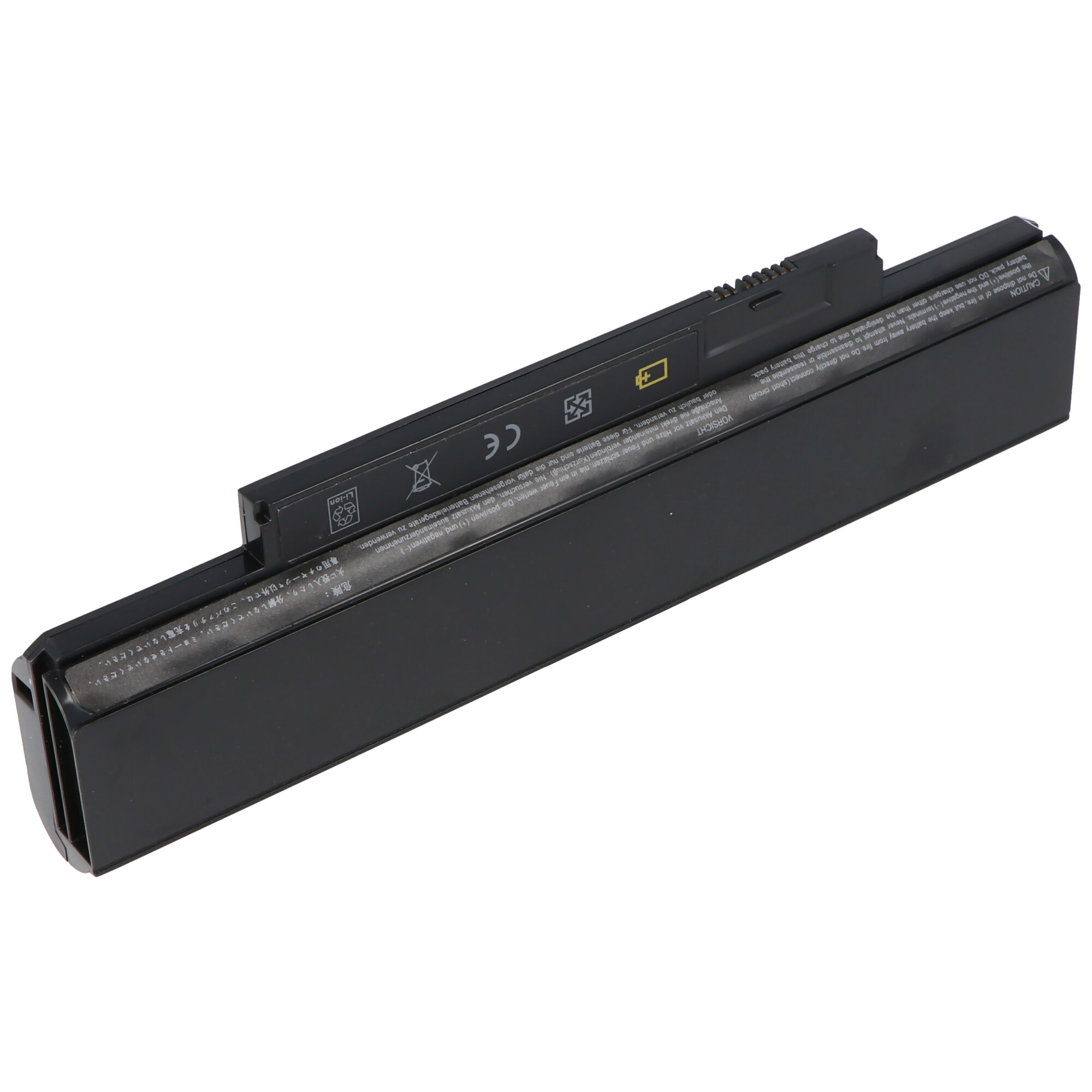 Schwarzer Laptop-Akku mit Etiketten und Markierungen. Die Batterie ist rechteckig.