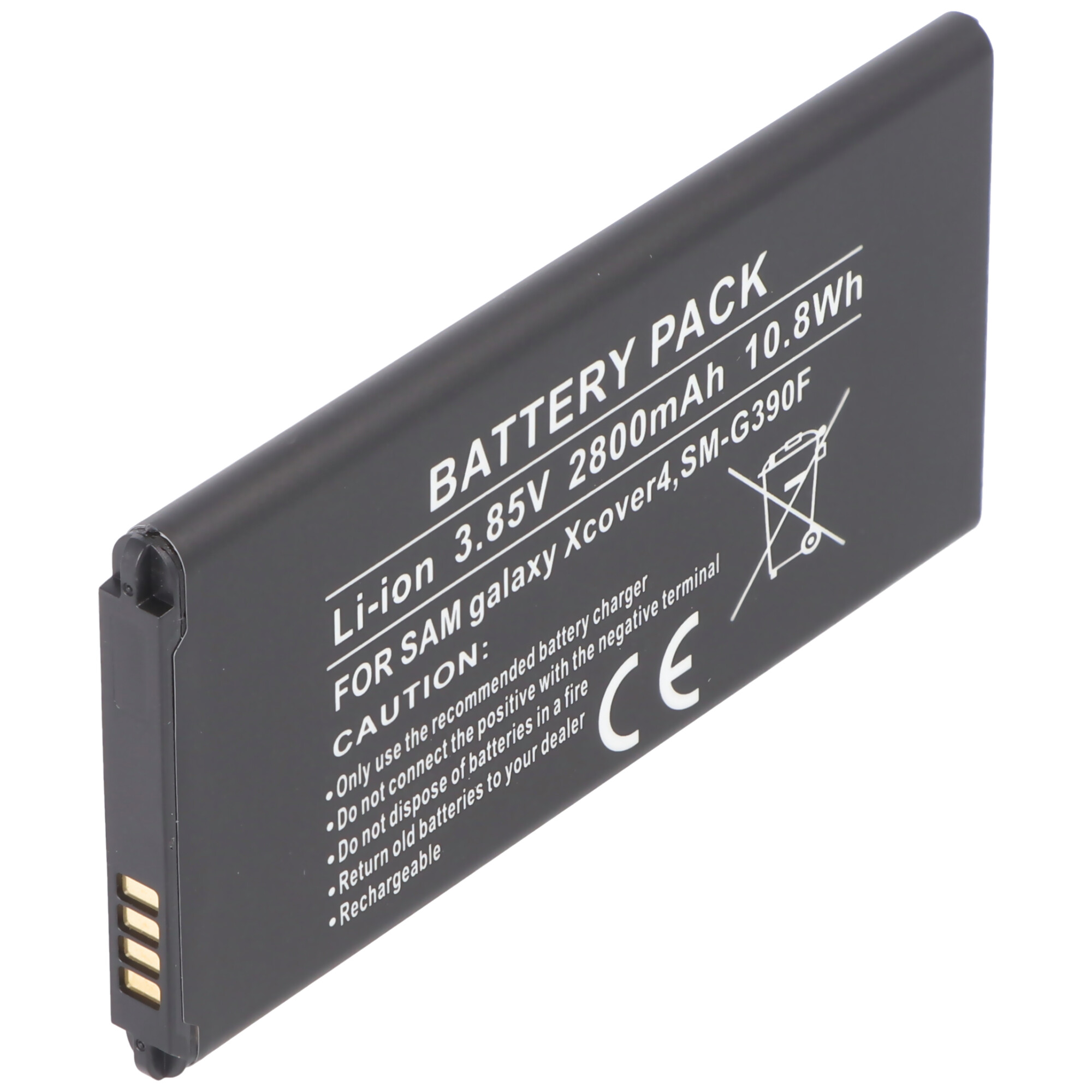 Ein schwarzes Akkupack mit Text und Warnhinweisen. Der Text erwähnt 3,85 V, 2800 mAh und Modell SM-G390F.