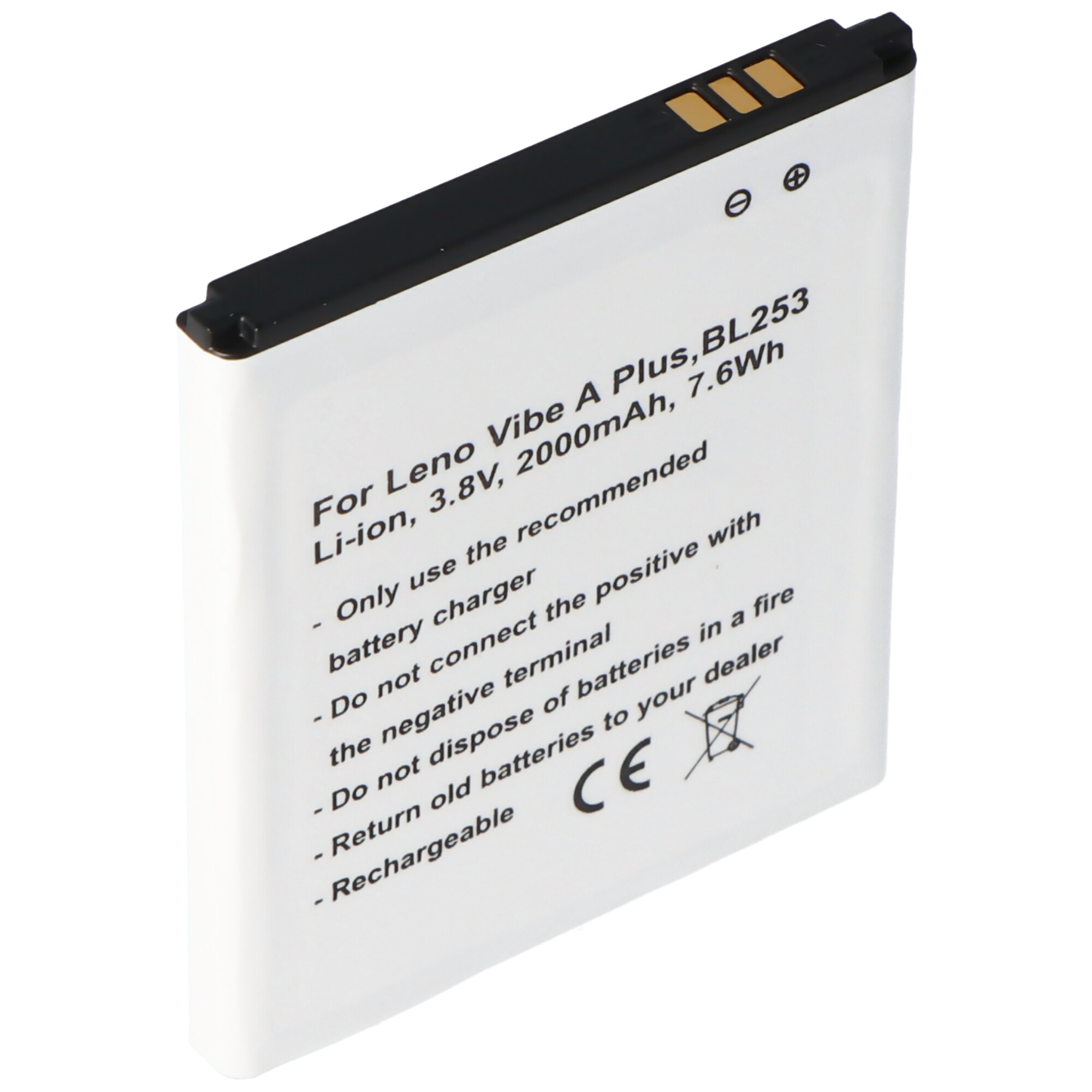 Ein weißer Li-Ion-Akku für Lenovo Vibe A Plus, BL253, 3,8V, 2000mAh.
