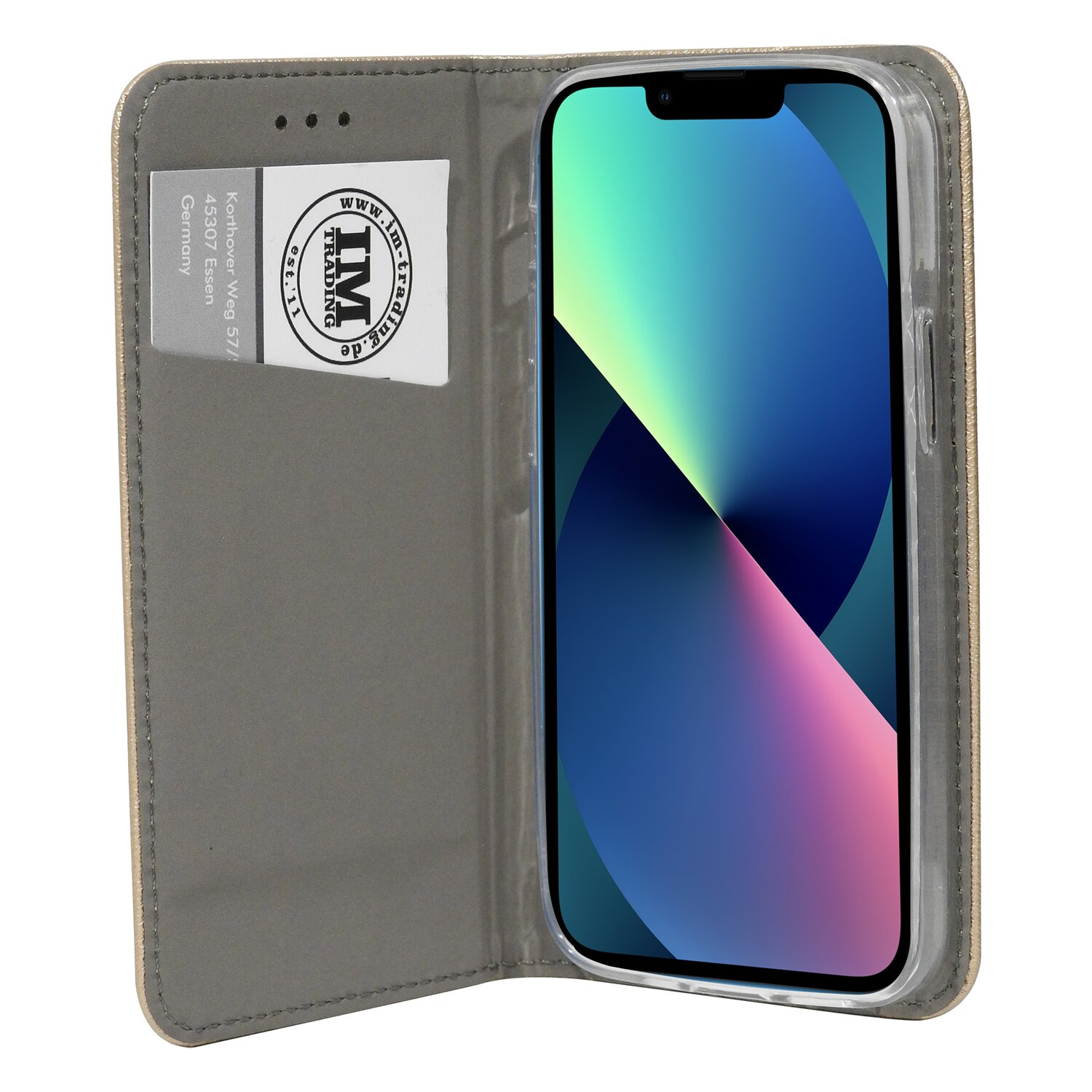 Geöffnete Handyhülle mit Smartphone und Karte, goldfarben.