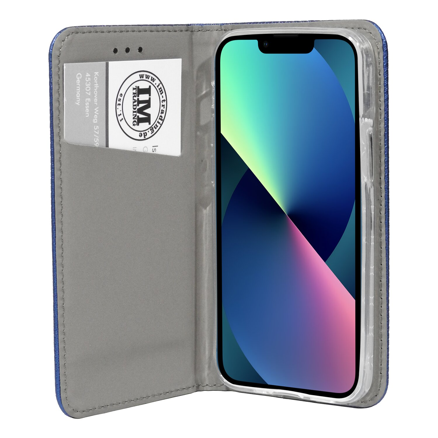 Geöffnete blaue Handyhülle mit Telefon. Eine Karte befindet sich in der Hülle. Der Hintergrund ist ein weißer Tisch.