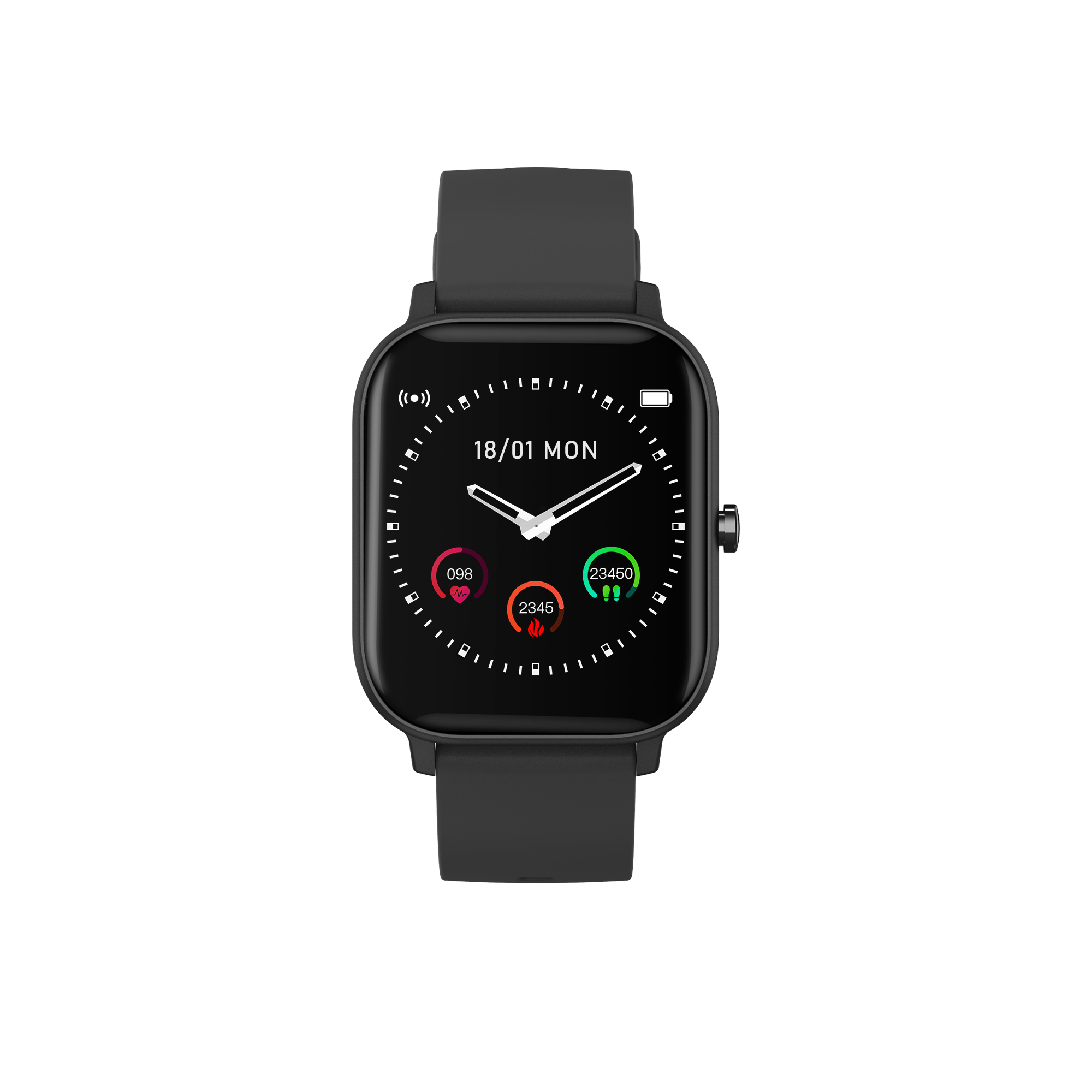 Schwarze Smartwatch mit schwarzem Armband. Zeigt Zeit, Datum und Aktivitätsmetriken an. Weißer Hintergrund.
