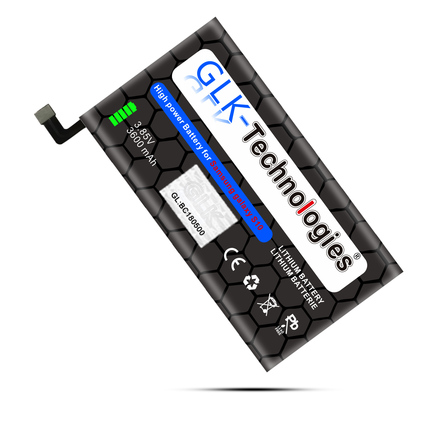 Eine schwarz-graue Batterie mit Textetiketten. Schwarzer Text auf weißem Hintergrund.
