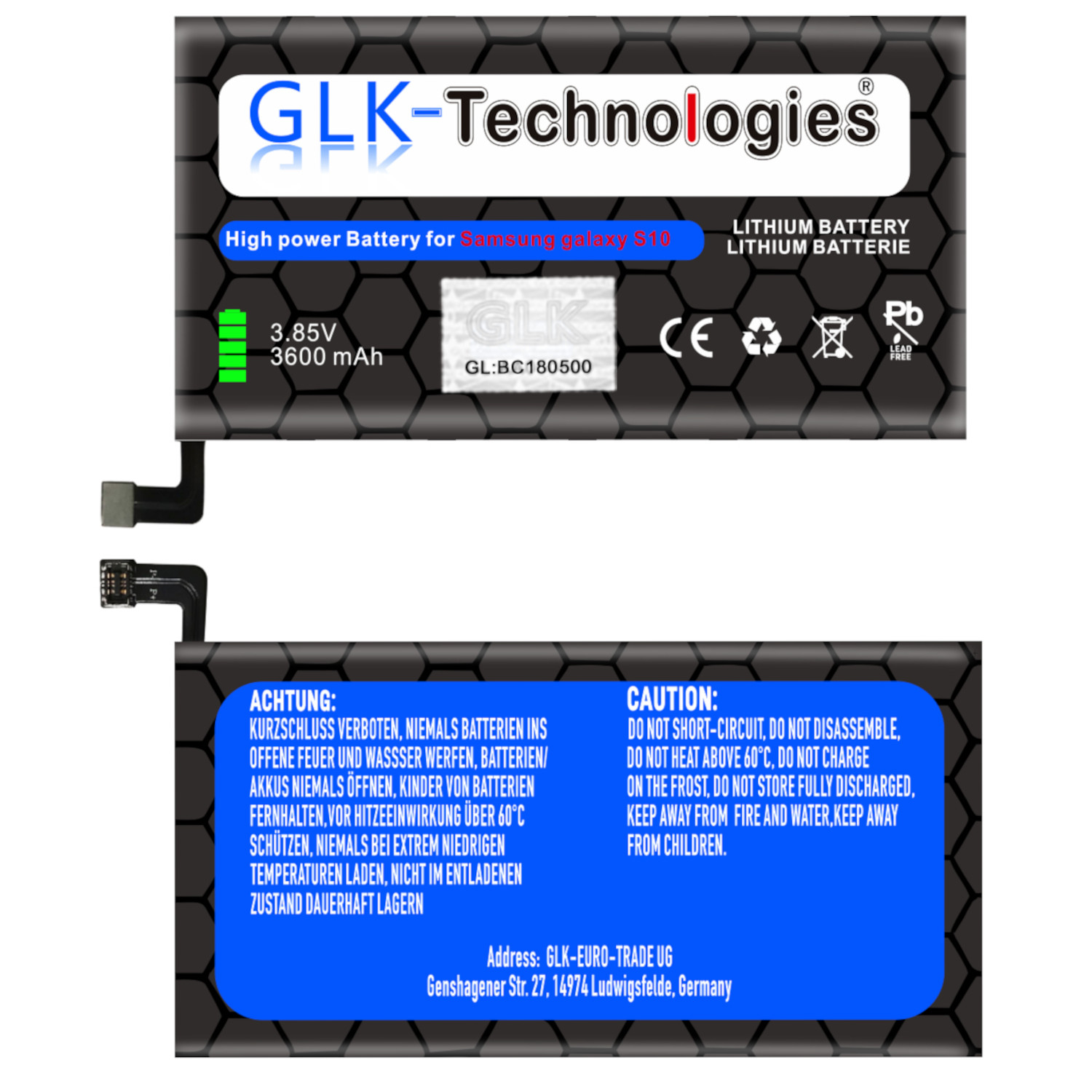 Ein schwarzer rechteckiger Akku mit Text und Warnhinweisen. Enthält Batterieinformationen und ein Warnetikett.
