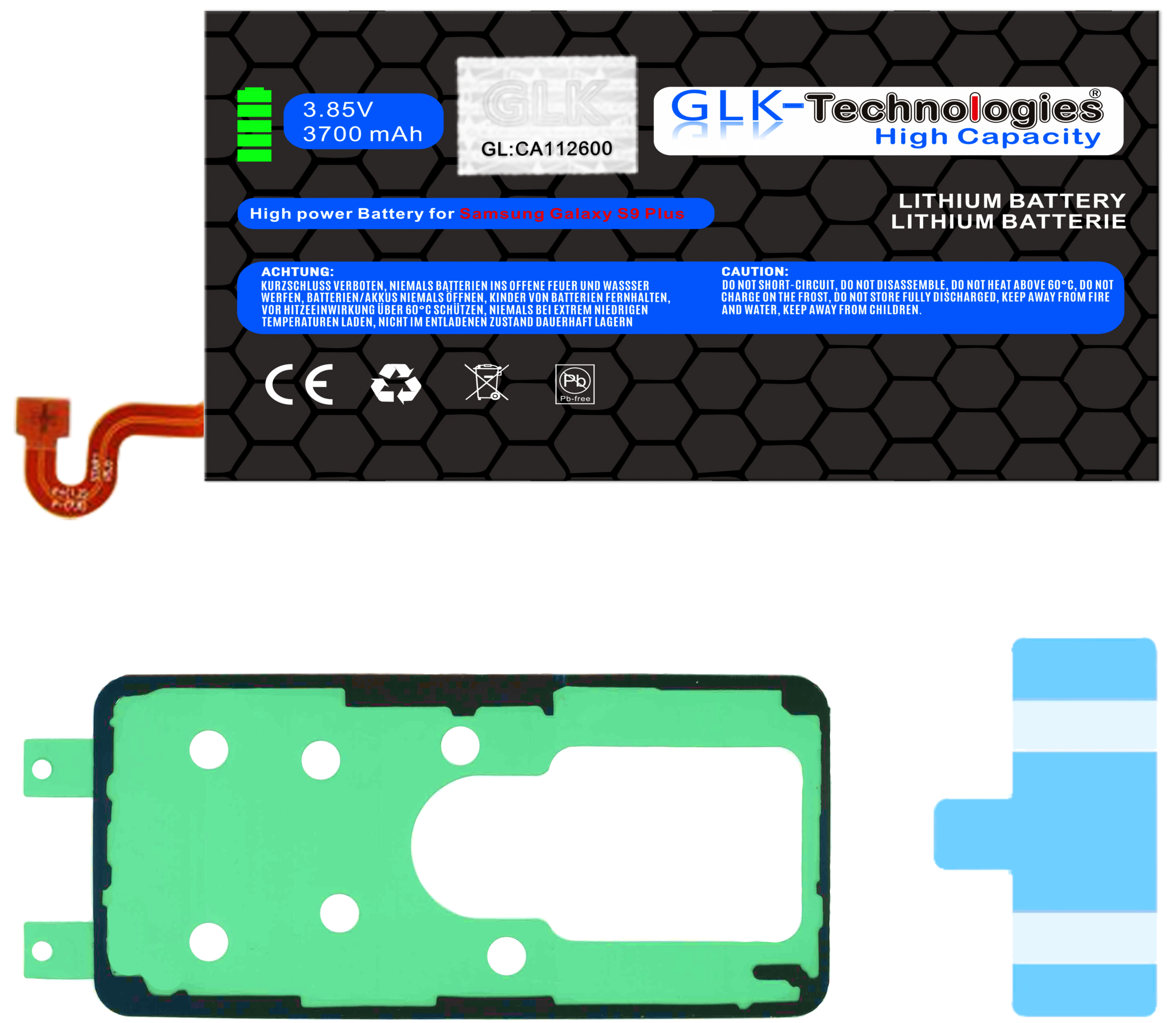 Elektronische Komponente mit grüner und orangefarbener Farbpalette. Es ist ein batterieähnliches Gerät mit Text.