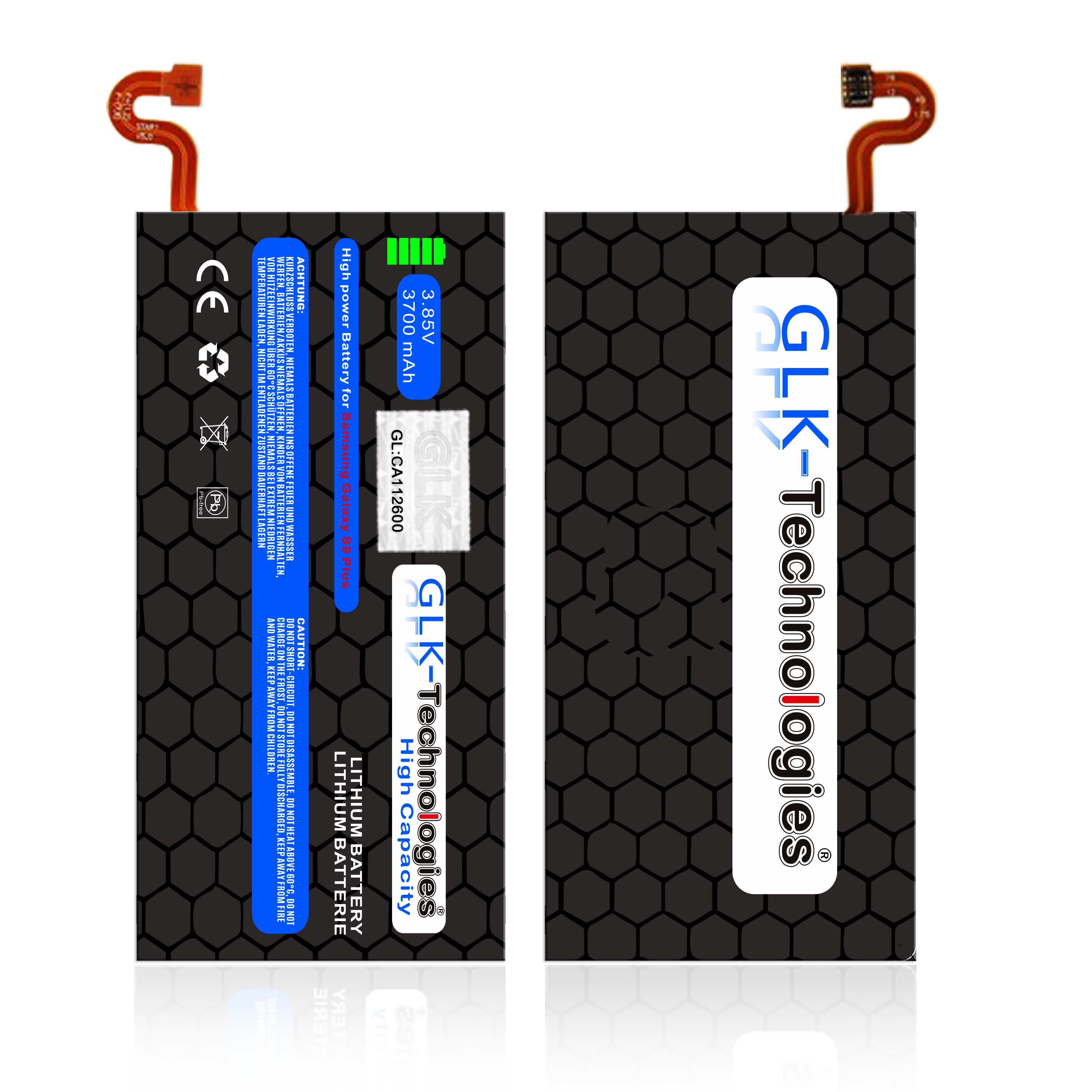 Zwei Telefonbatterien, eine mit Text. Die Batterien sind rechteckig mit schwarz-weißen Etiketten. Weißer Hintergrund.