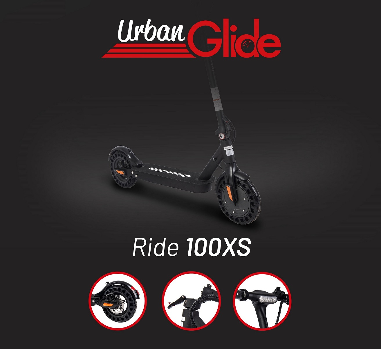 Patinete eléctrico negro con detalles de ruedas y manillar. Logotipo Urban Glide.
