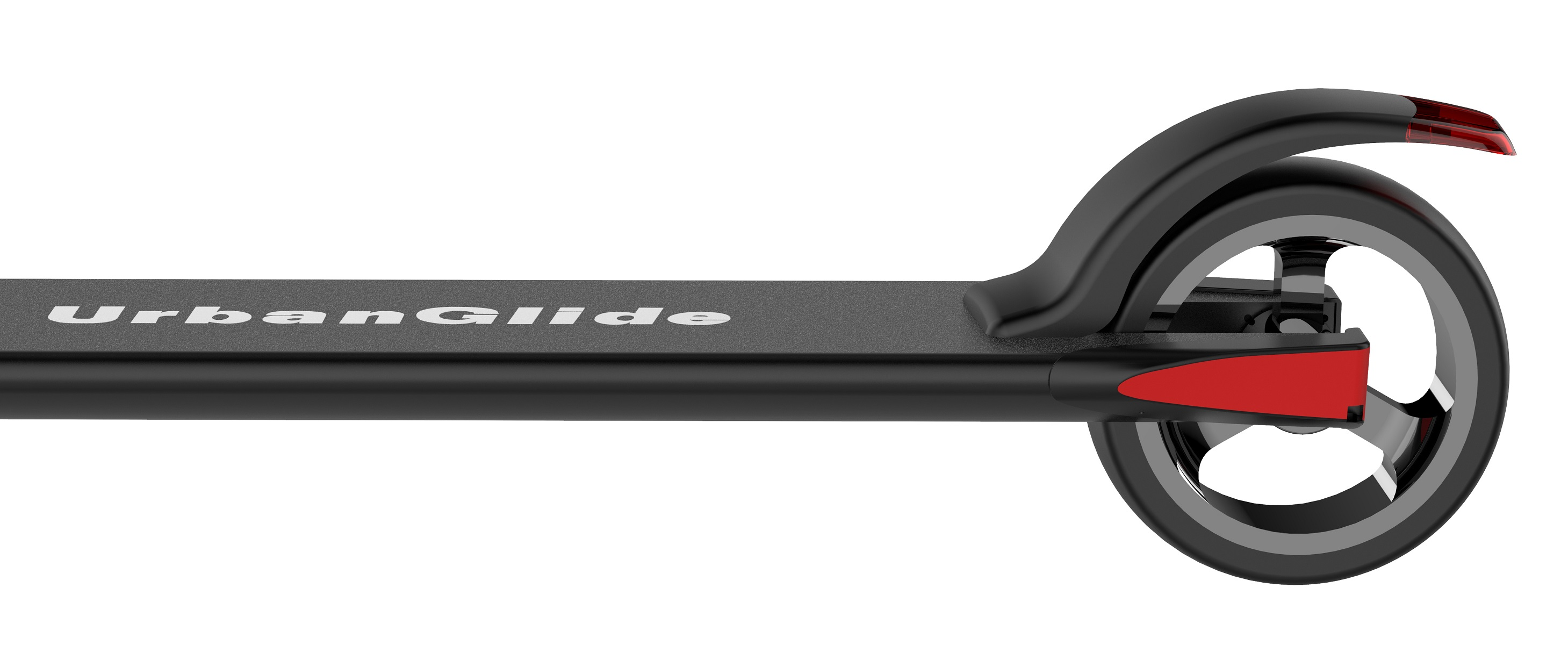 Scooter eléctrico negro, vista trasera, con rueda y luces de freno rojas.