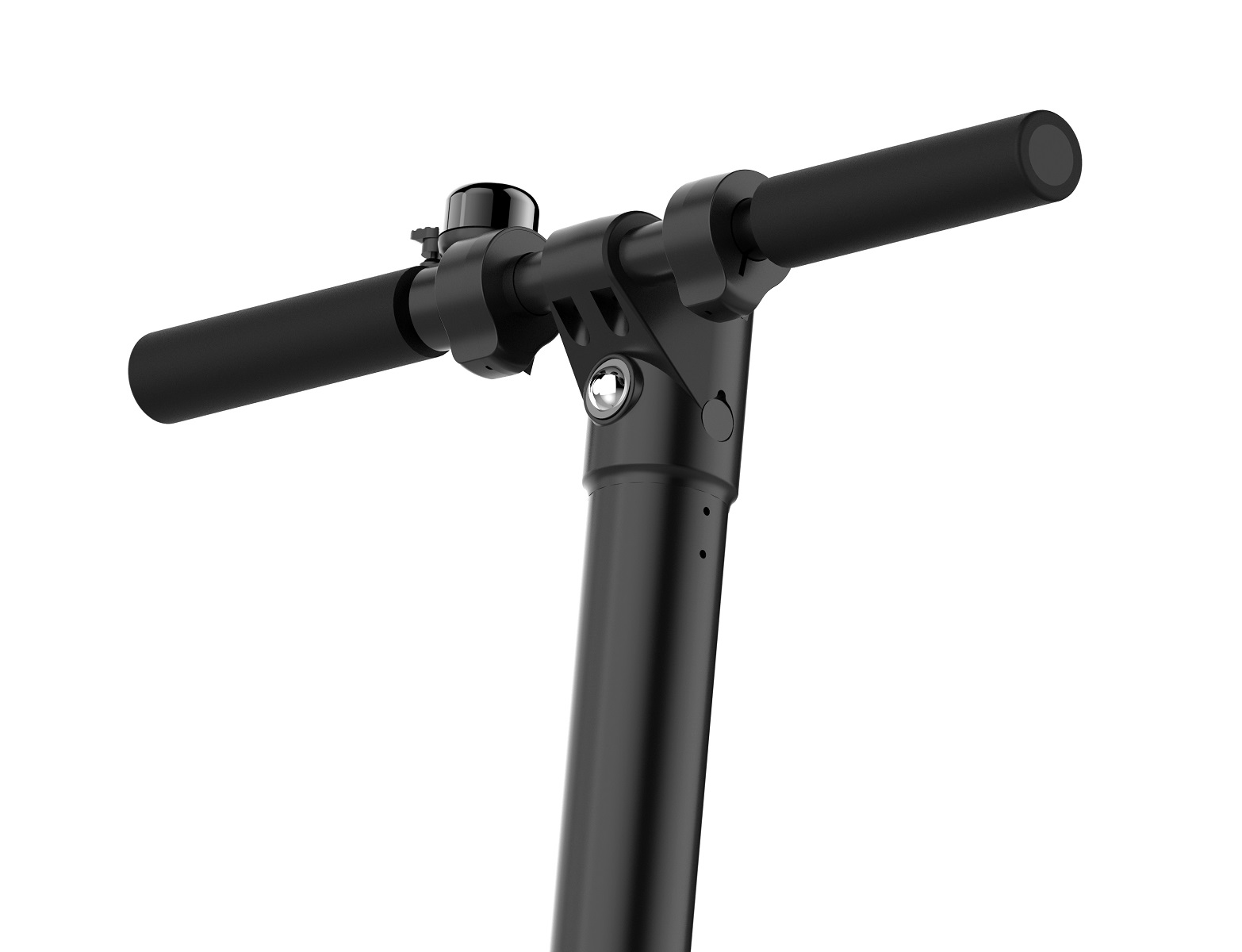 Primer plano del manillar negro de un scooter. Timbre y panel de control. Fondo blanco.