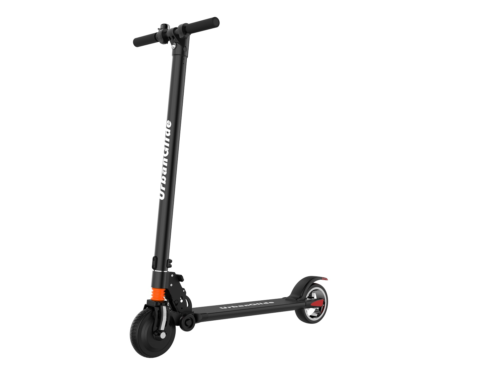Patinete eléctrico negro, con texto blanco, una rueda roja y detalles en naranja sobre un fondo blanco.