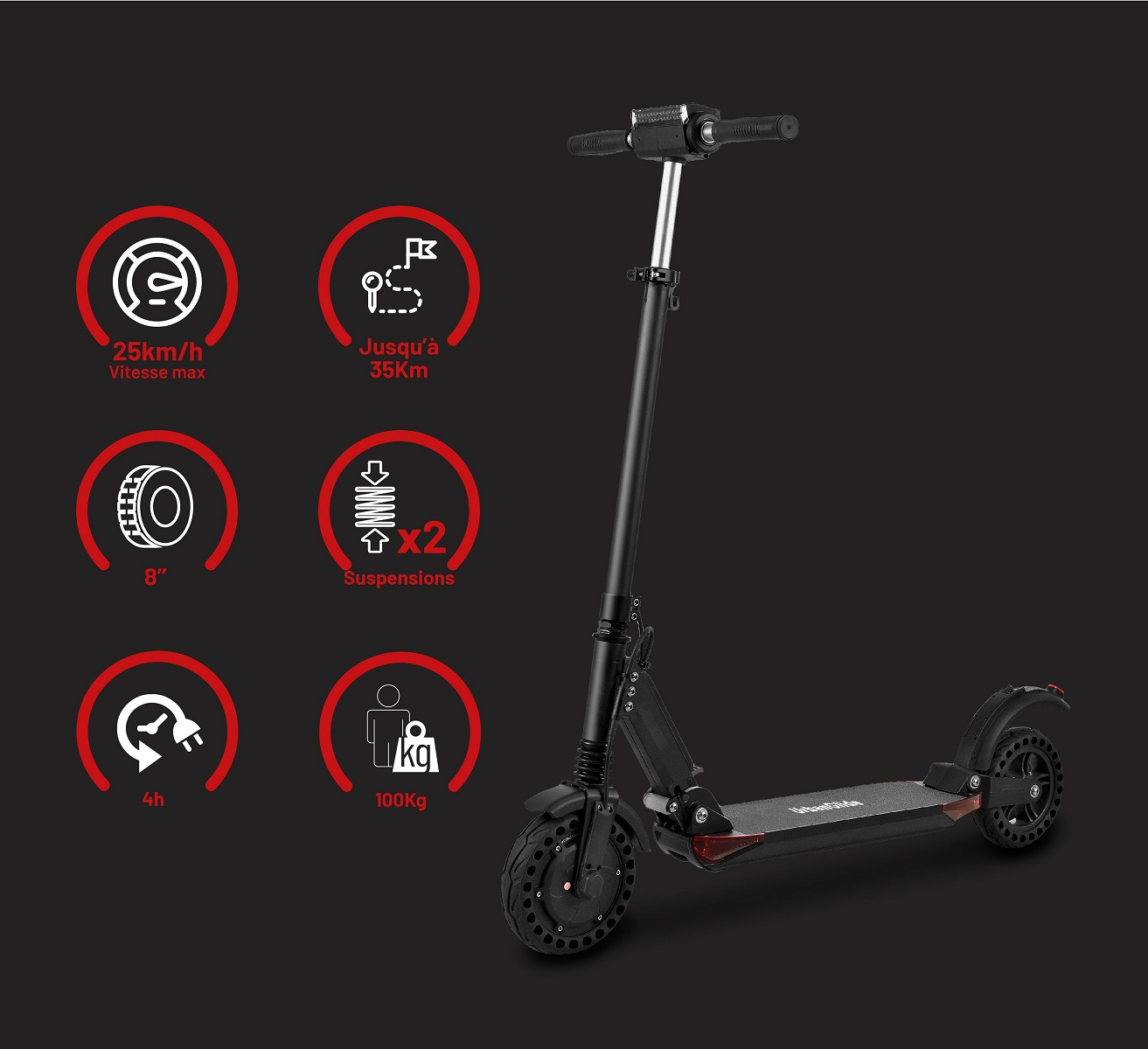 Patinete eléctrico negro con iconos de especificaciones: velocidad 25 km/h, autonomía 35 km, rueda 8", 2 suspensiones, 100 kg máx., 4h carga.
