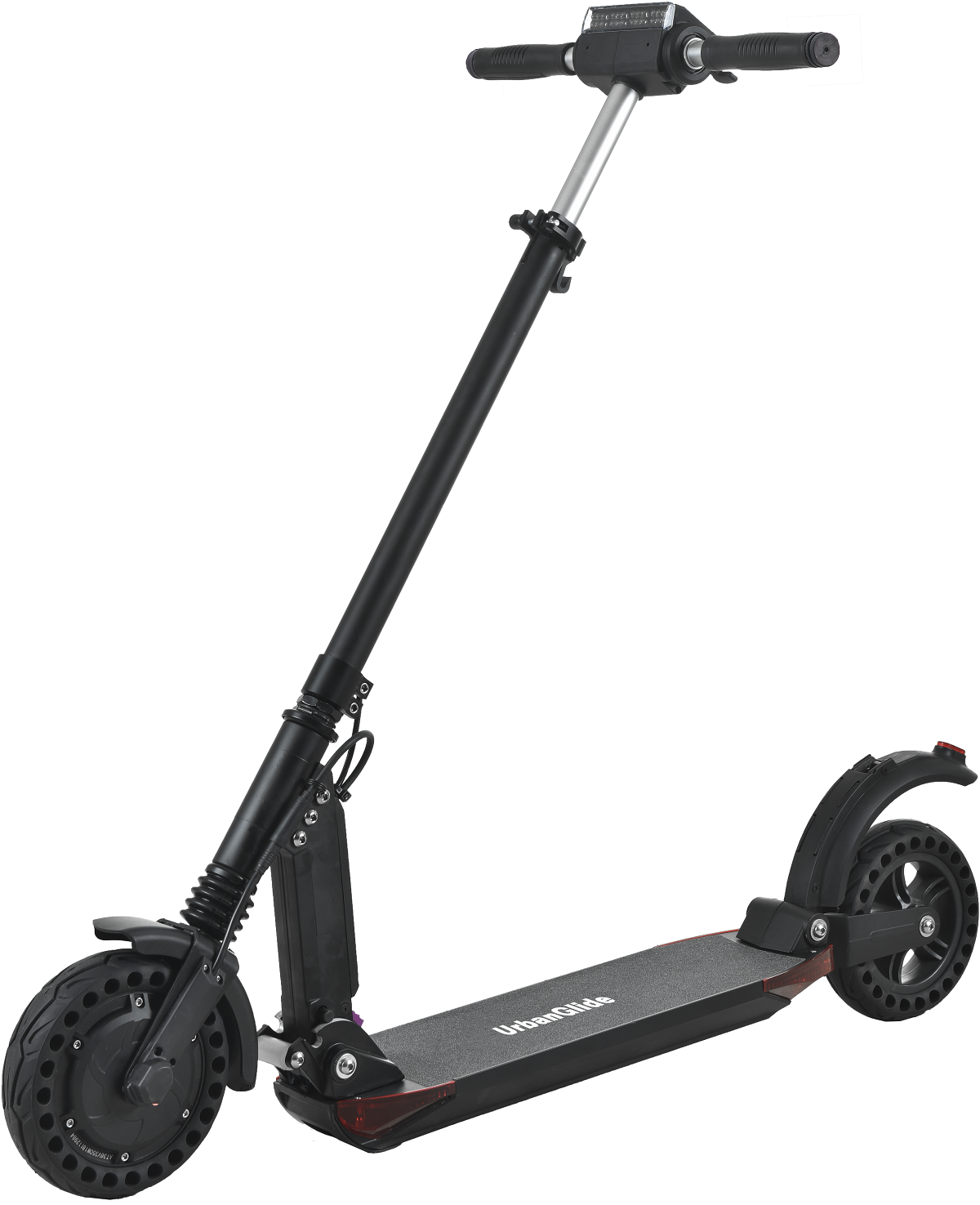Un patinete eléctrico UrbanGlide negro con un tallo largo y un reposapiés negro y rojo.