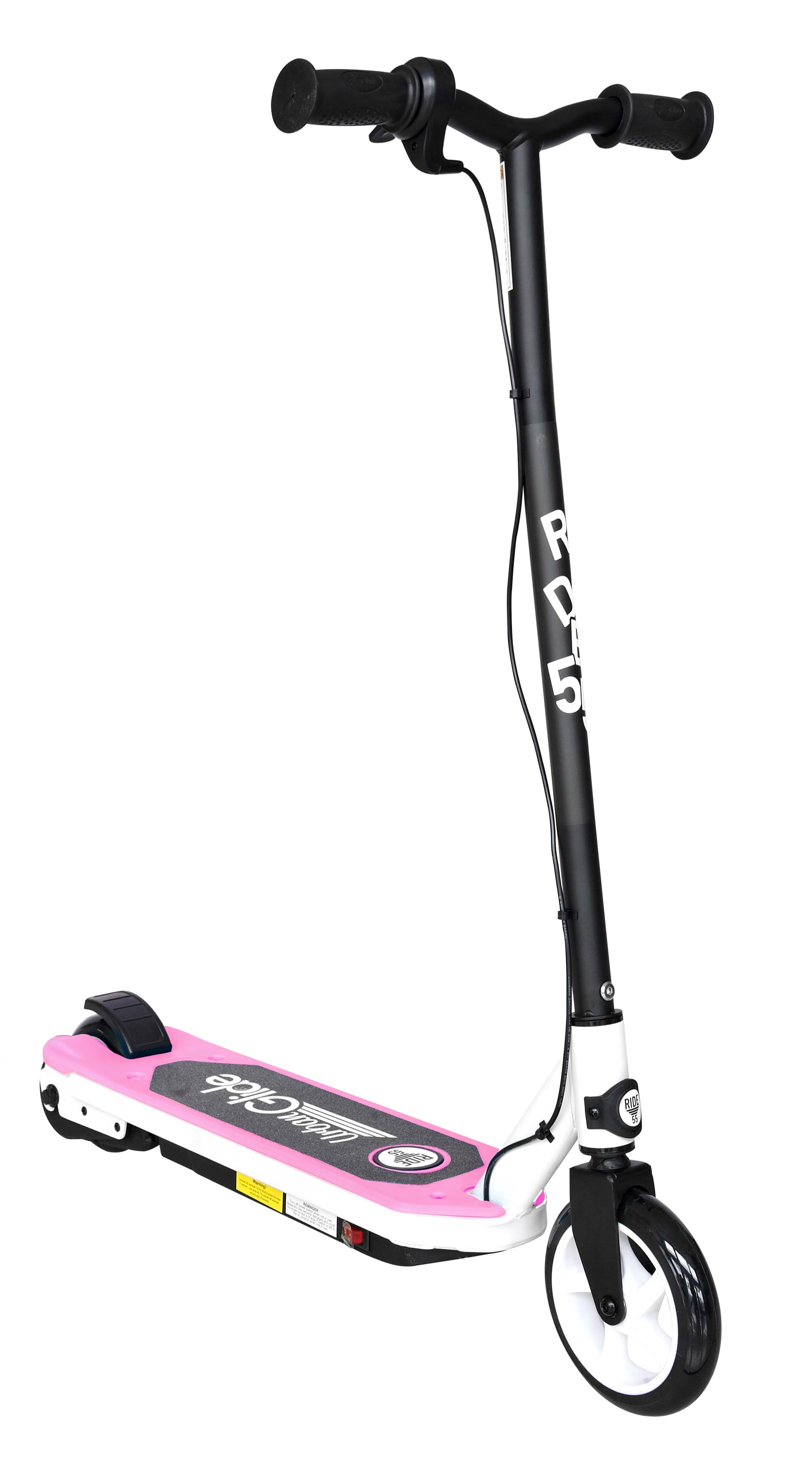 Scooter rosa e bianco con manubrio nero e ruote bianche. Testo sul corpo.