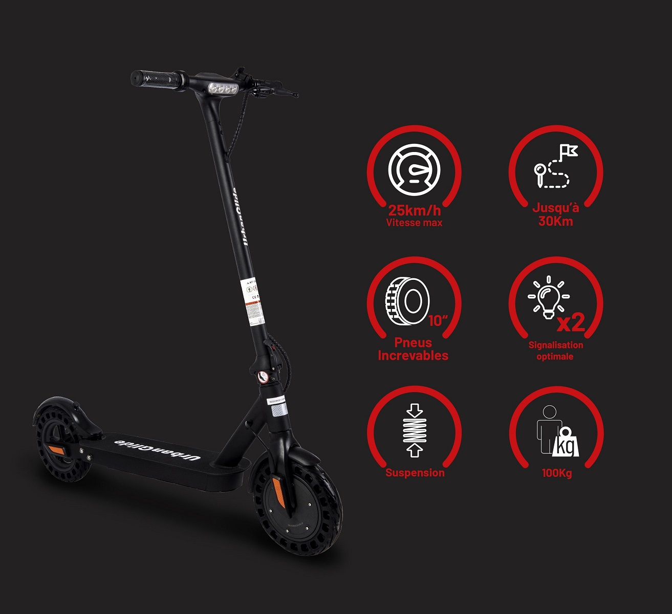 Scooter eléctrico negro con iconos mostrando especificaciones: velocidad, autonomía, neumáticos, suspensión y peso.