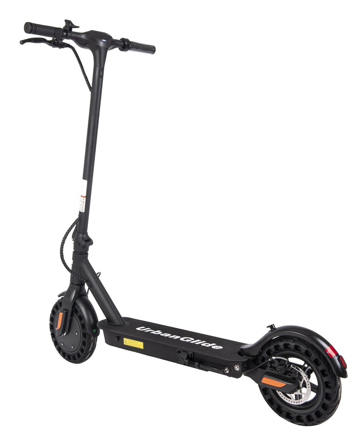 Scooter eléctrico negro sobre un fondo blanco. El scooter está en ángulo y tiene un tallo negro.
