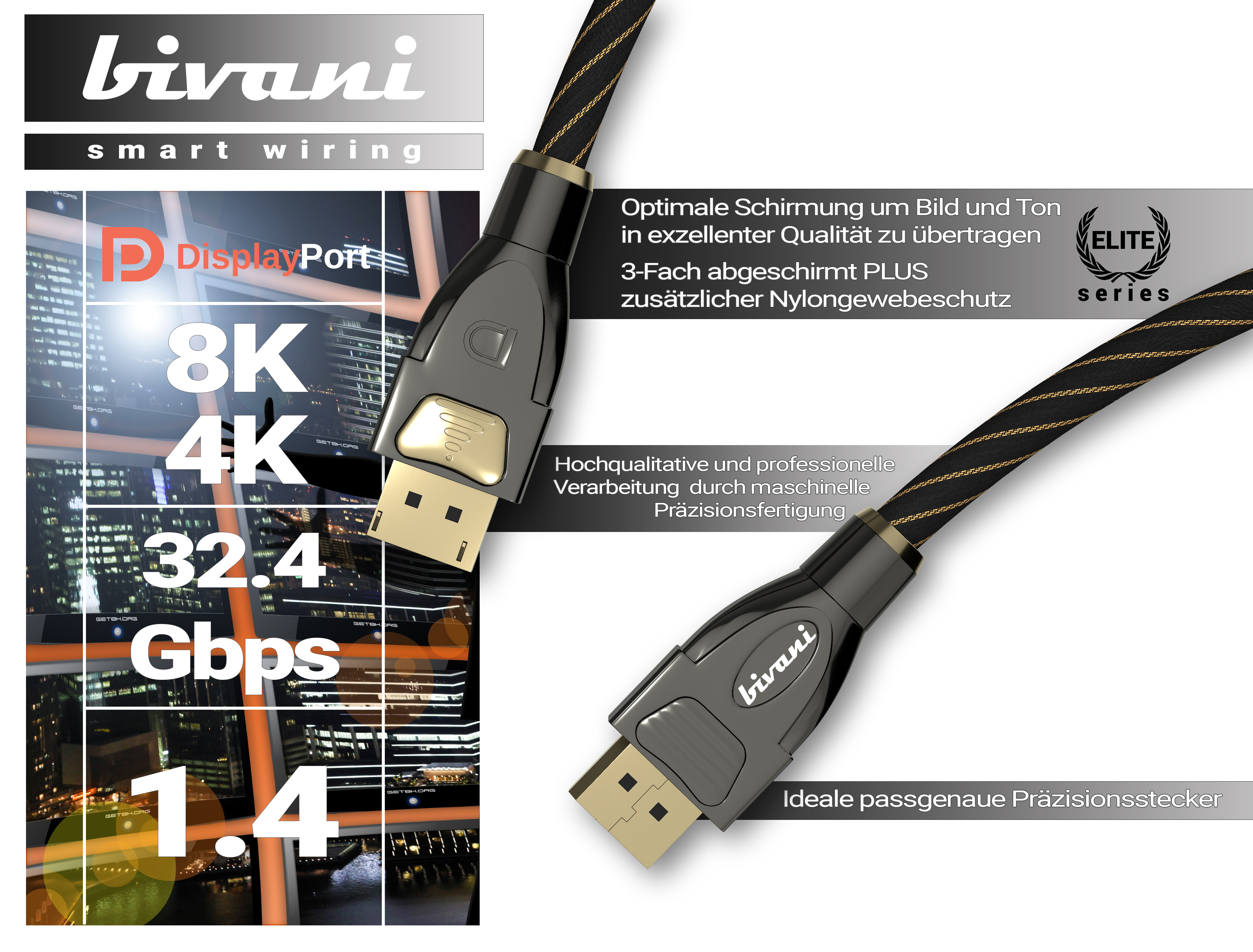 Premium Gbps Kabel, 1.4 Elite-Series, m - Kabel 8K 32,4 2 BIVANI DisplayPort