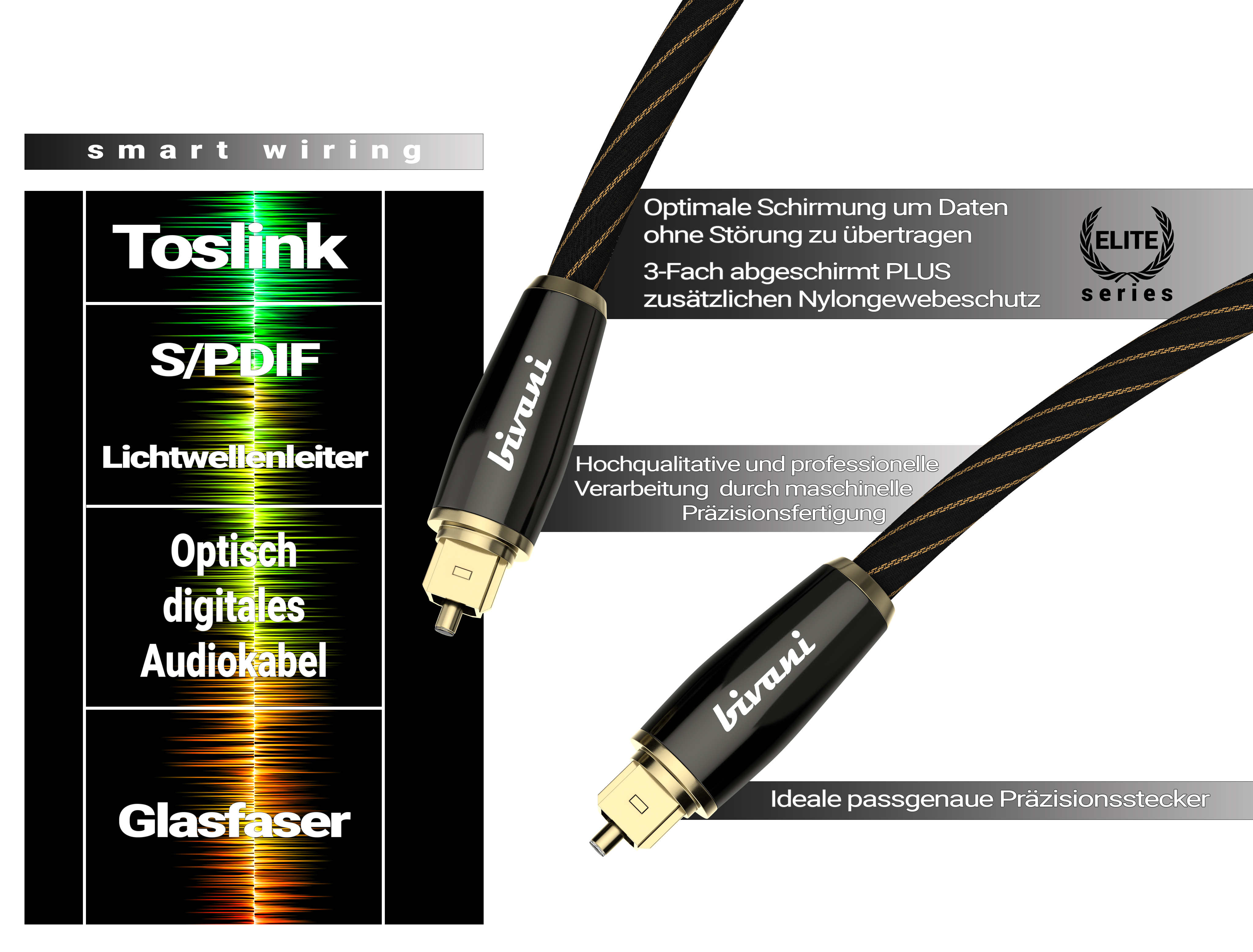 m digitales Glasfaserkabel 3 - Toslinkkabel, Elite-Series, Premium BIVANI optisch