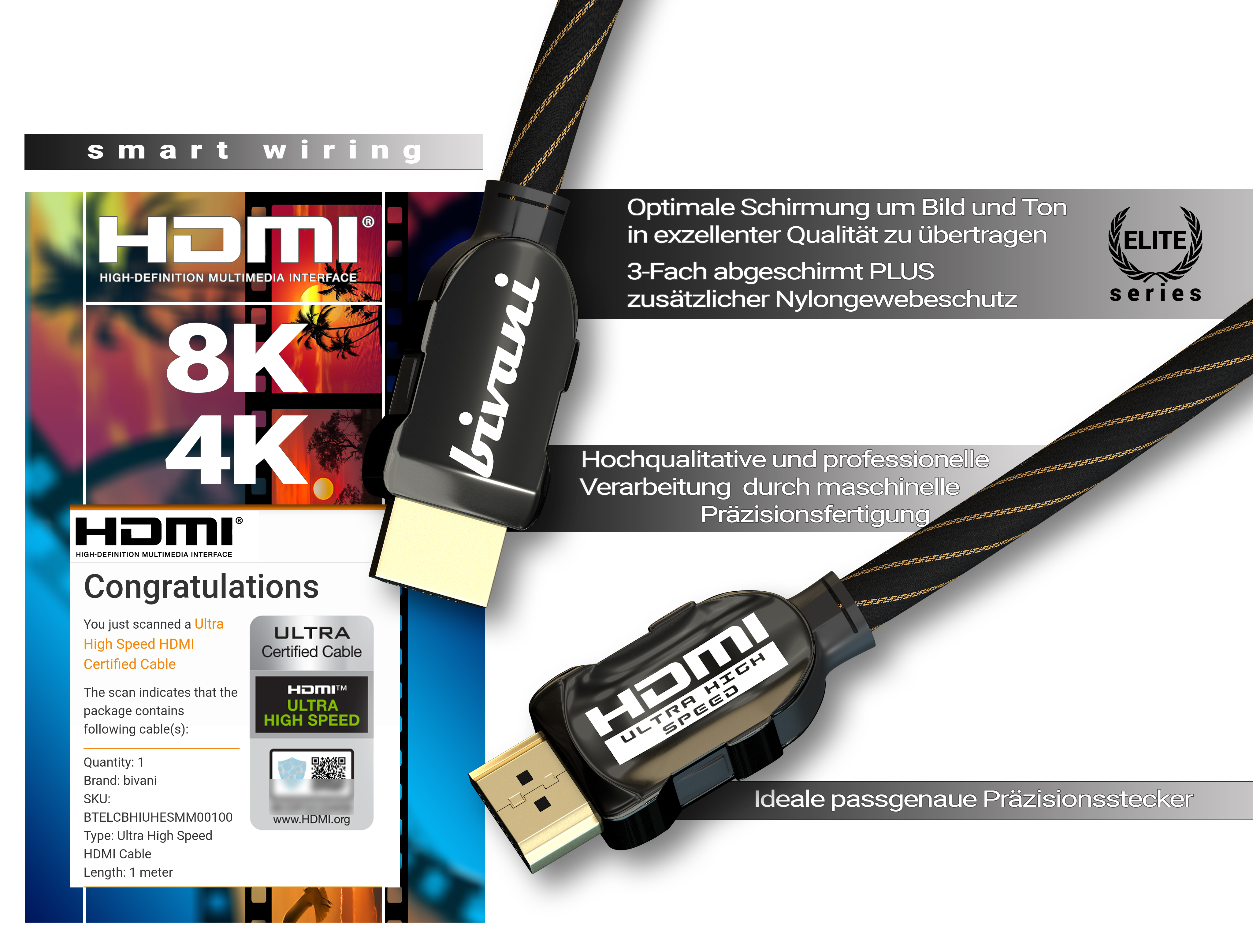 BIVANI Premium 8K High-Speed 48 Ultra Kabel Elite-Series - Kabel Ultra 2.1a HDMI High-Speed 2.1a Gbps