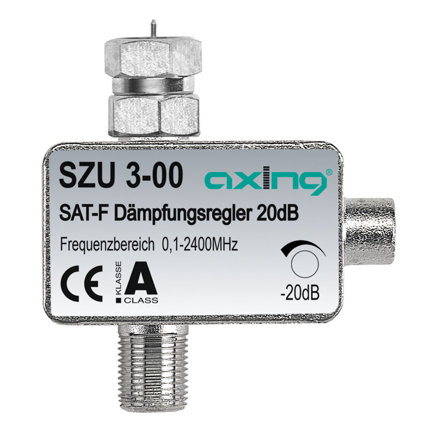 Metall-Satellitensignal-Dämpfungsglied. Es hat ein Etikett mit Text und ein Einstellrad.