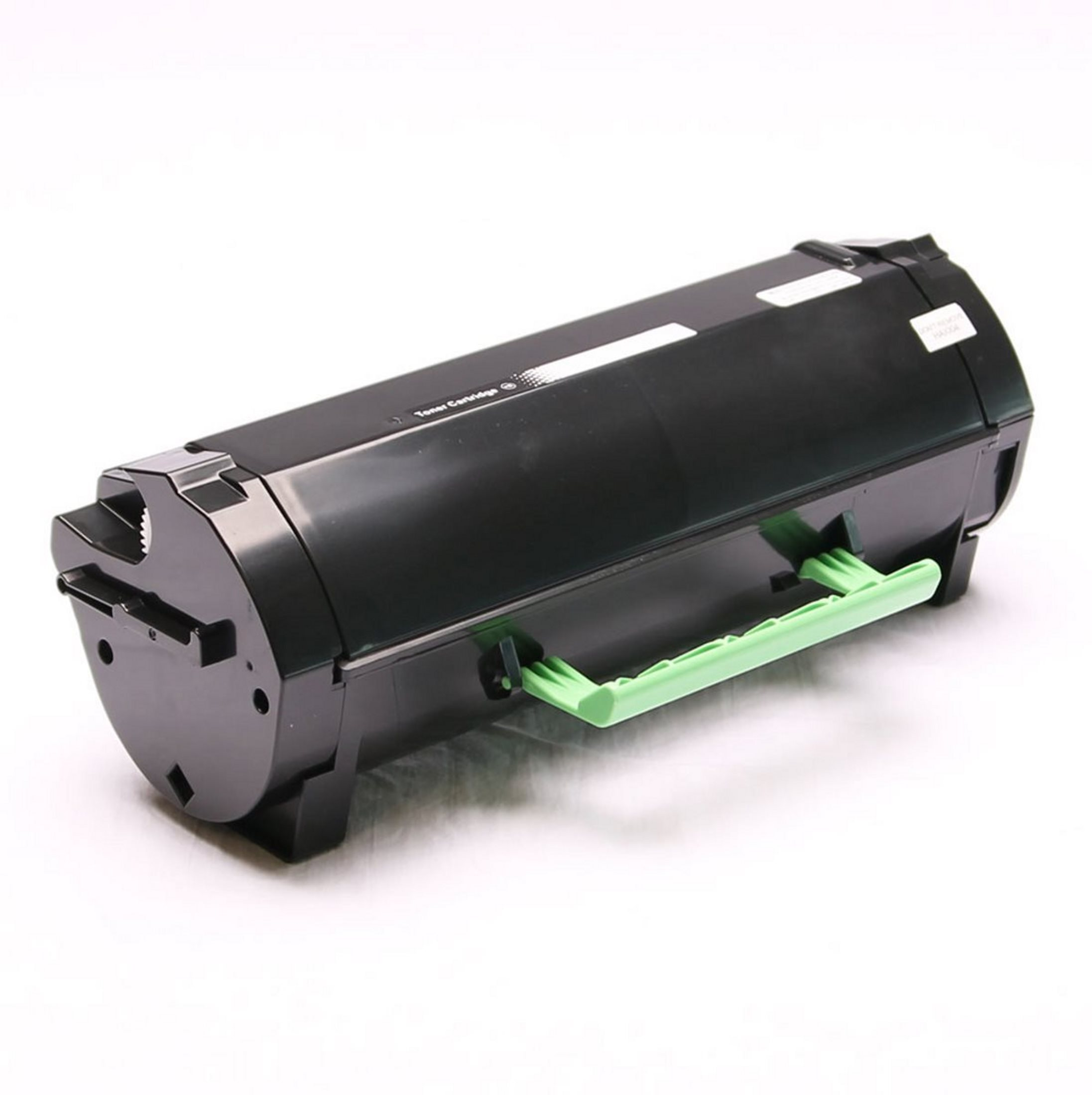 Cartuccia toner nera con maniglia verde su sfondo bianco.