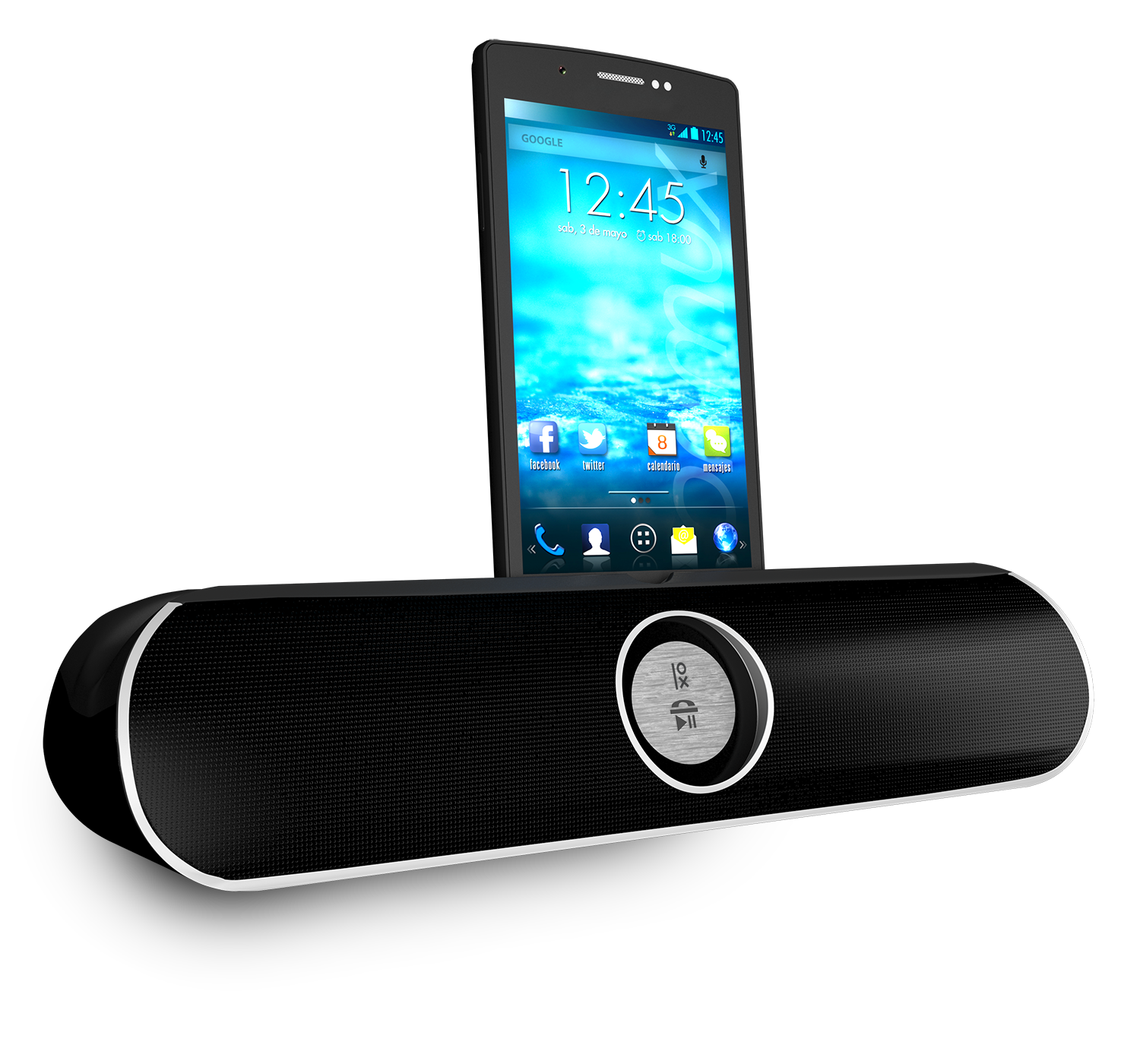 Altavoz negro con teléfono. El teléfono muestra la búsqueda de Google y la hora. Fondo negro.