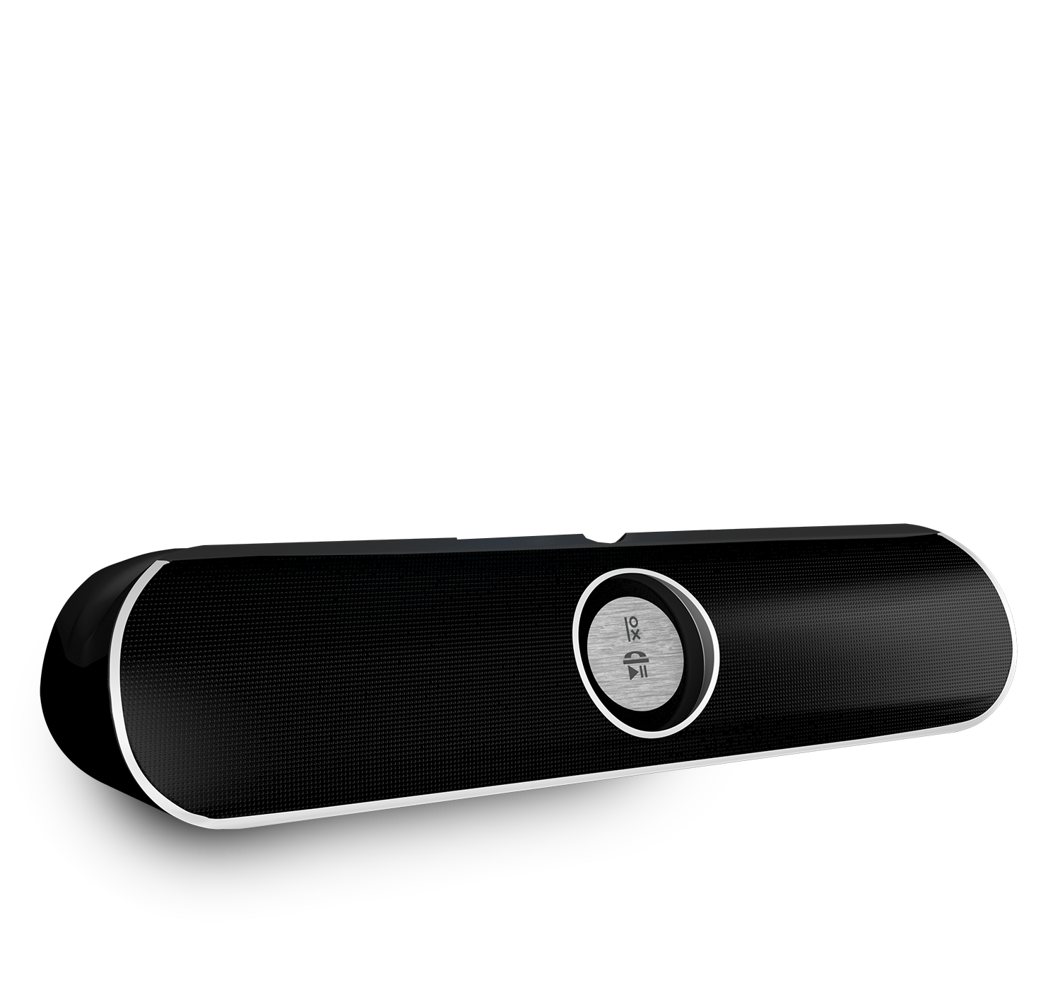 Una barra de sonido negra con un panel de control plateado y un área de altavoz de malla negra.