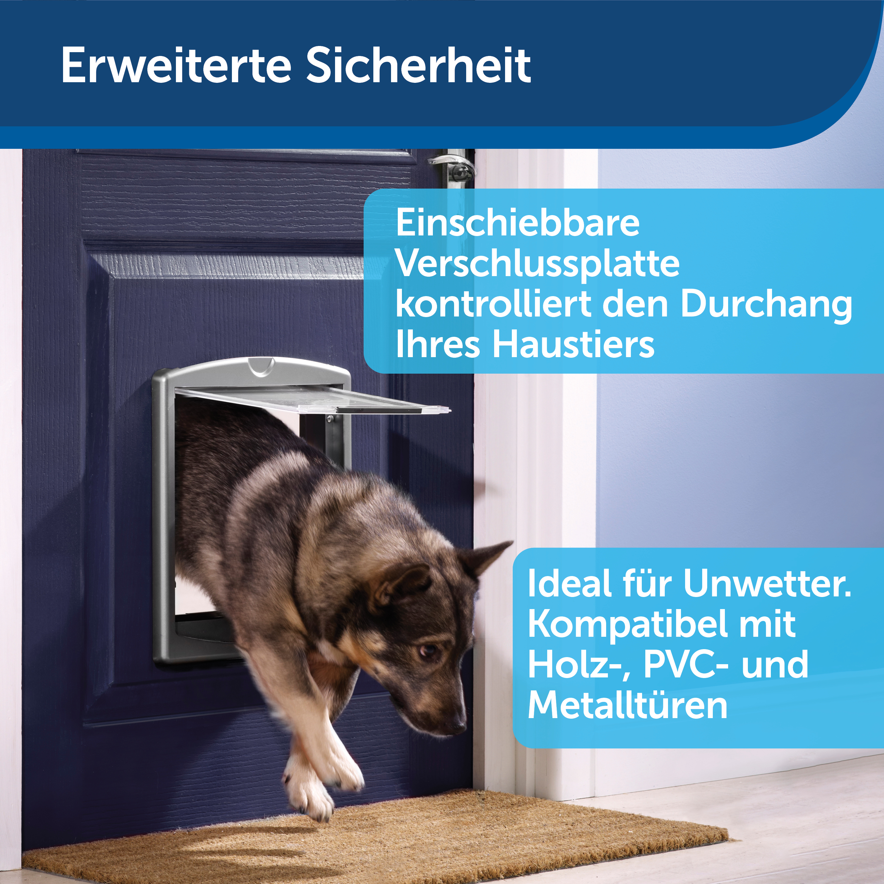Ein Hund geht durch eine Haustiertür. Der Text sagt 'Ideal bei schlechtem Wetter'.