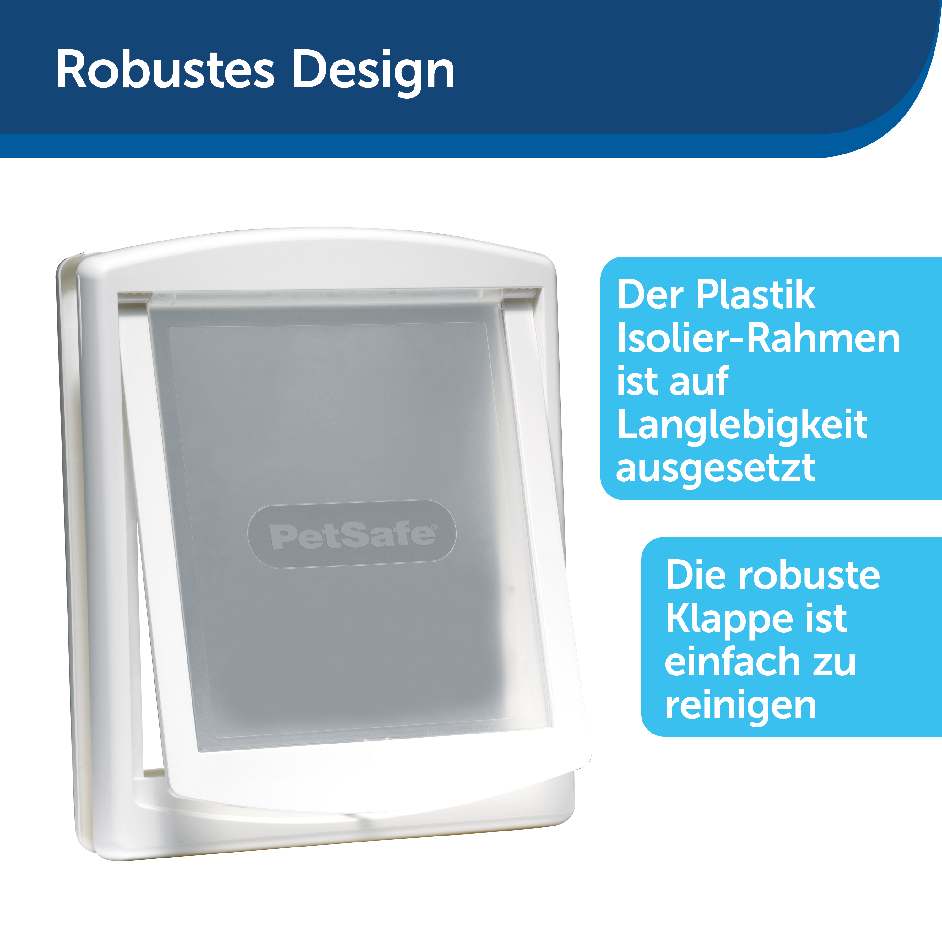 Weiße Haustiertür mit Text auf blauem und weißem Hintergrund.