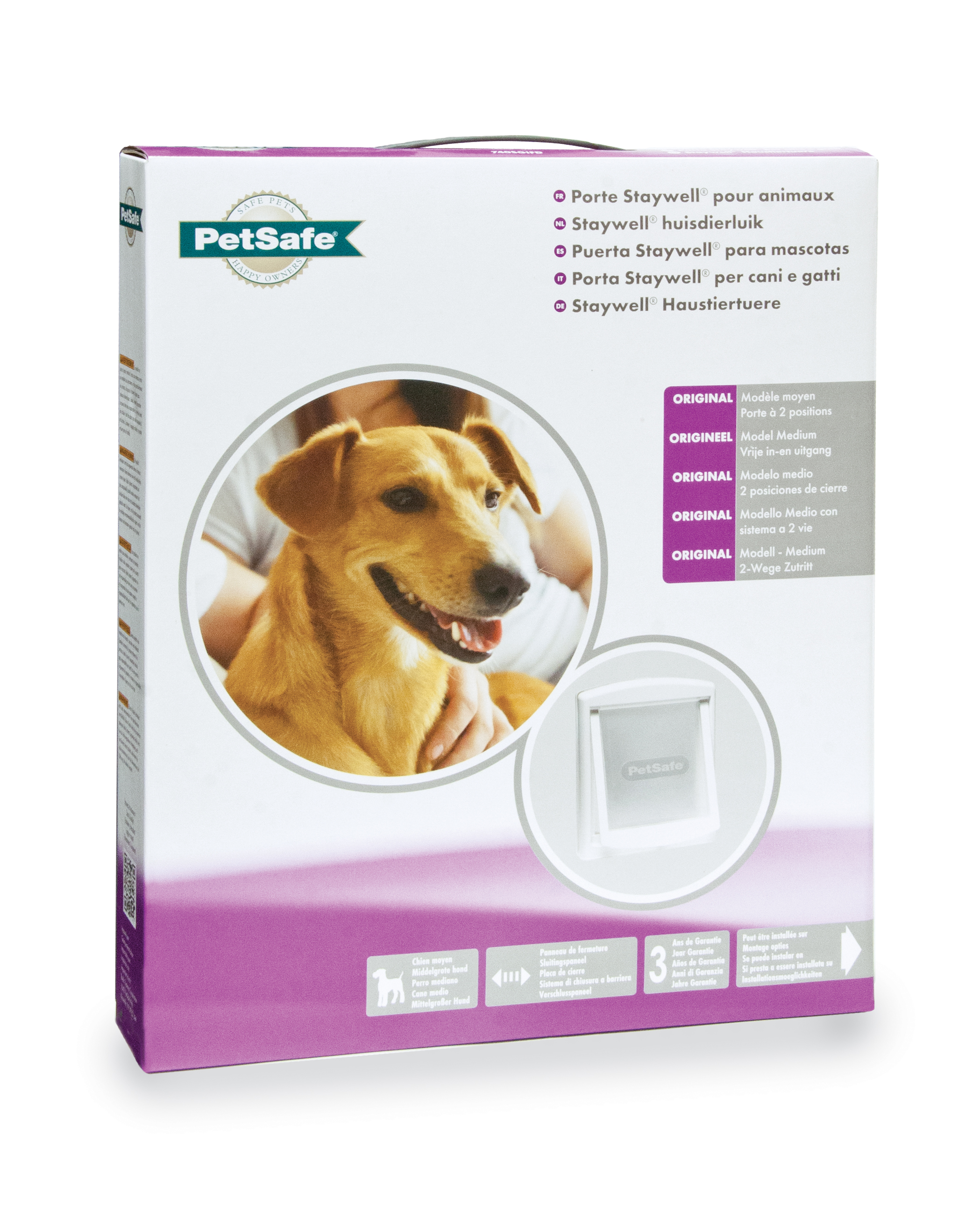 PetSafe-Haustürbox. Eine Frau hält einen Hund vor der Box. Text in mehreren Sprachen.