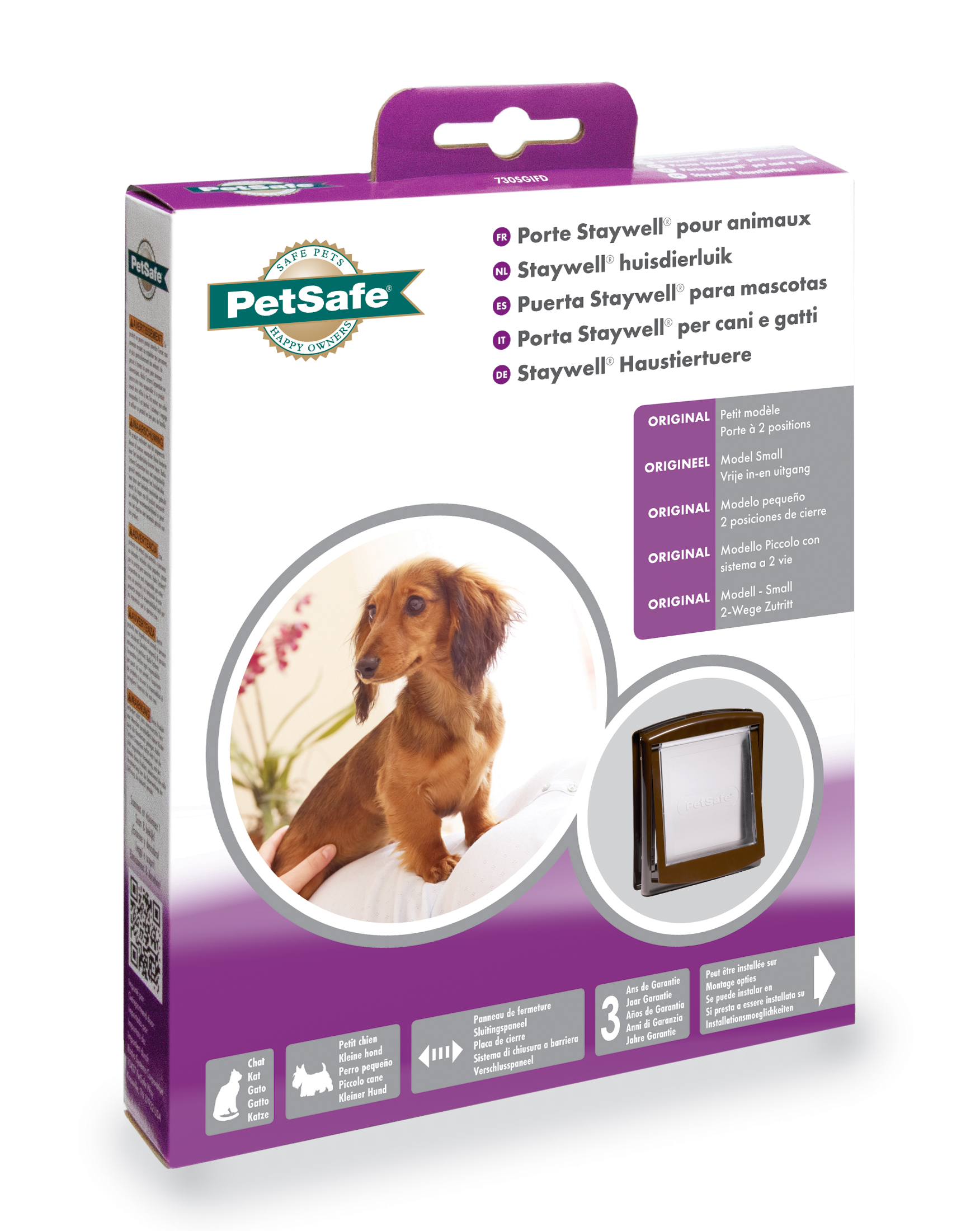 PetSafe Staywell Haustiertür-Box mit Hundebild und einem kleinen Türbeispiel.