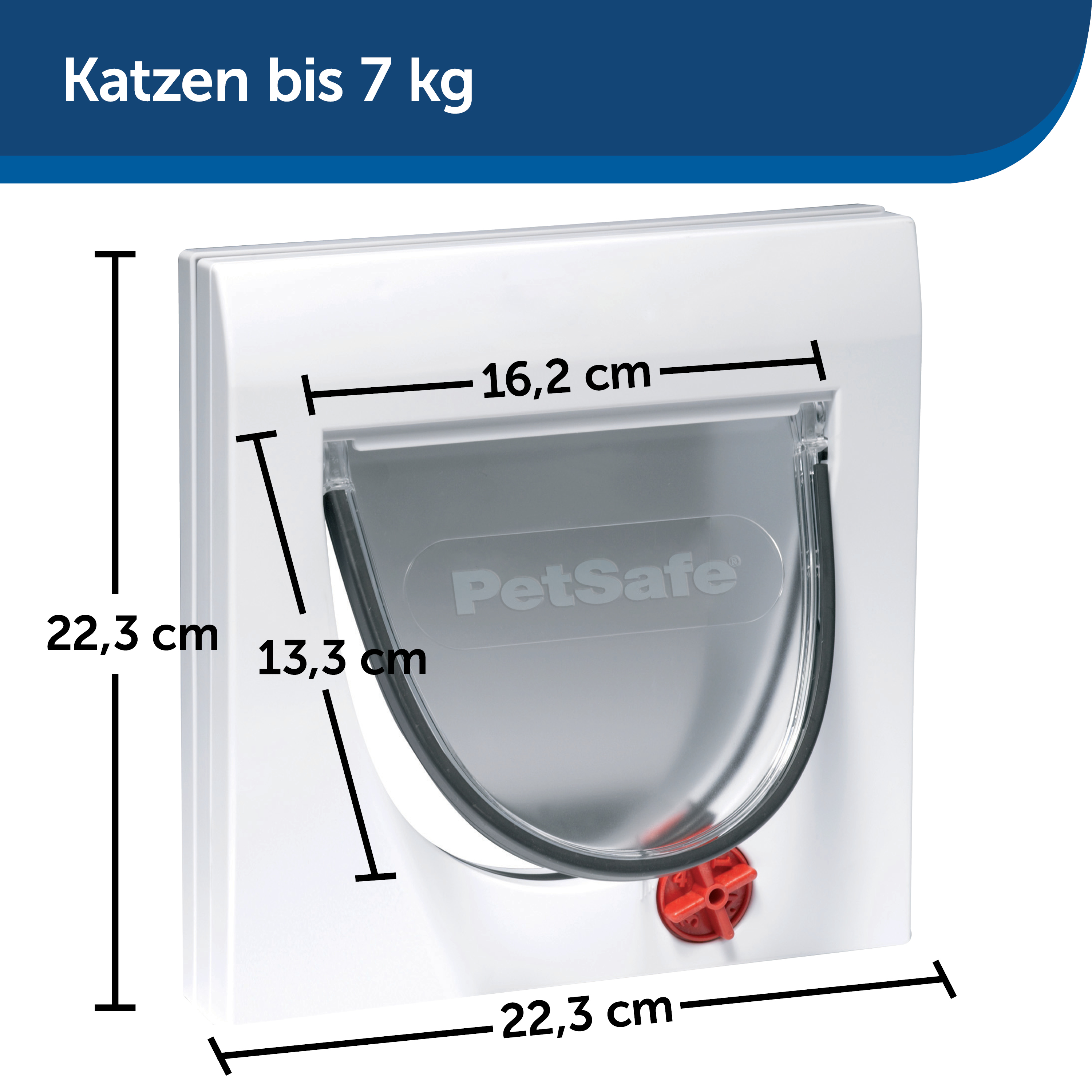 Weiße Katzenklappe mit Maßen und Text, für Katzen bis 7 kg.