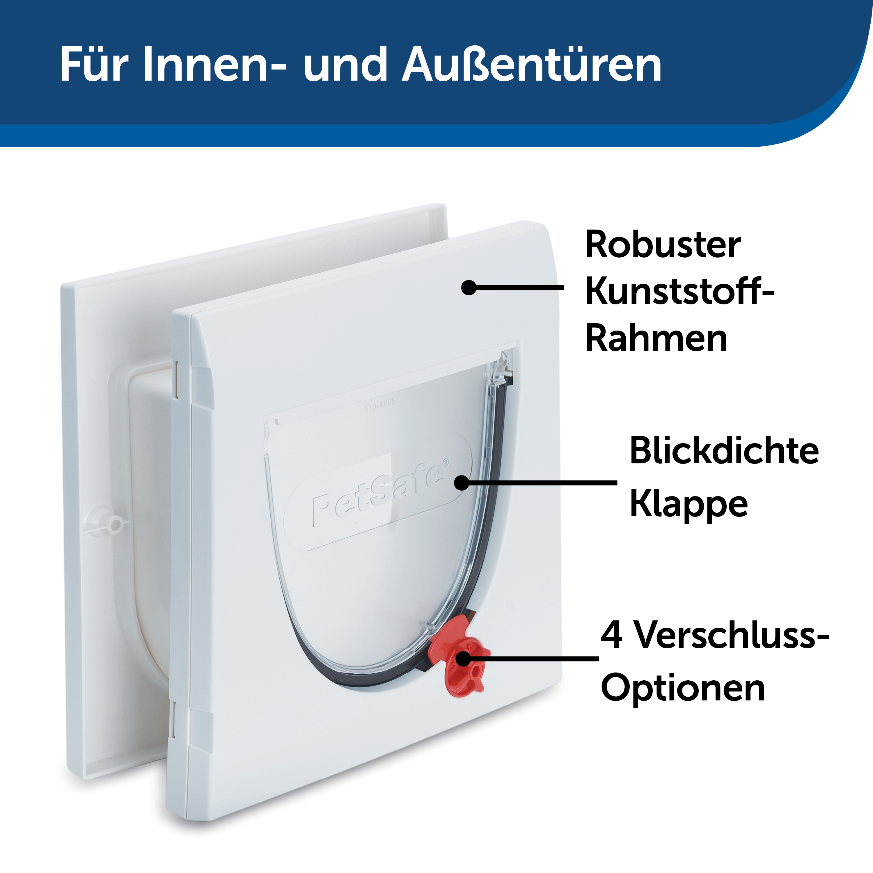 Eine weiße Haustiertür mit einer transparenten Klappe und einem roten Verriegelungsmechanismus, beschriftet mit Text auf Deutsch, auf weißem Hintergrund.