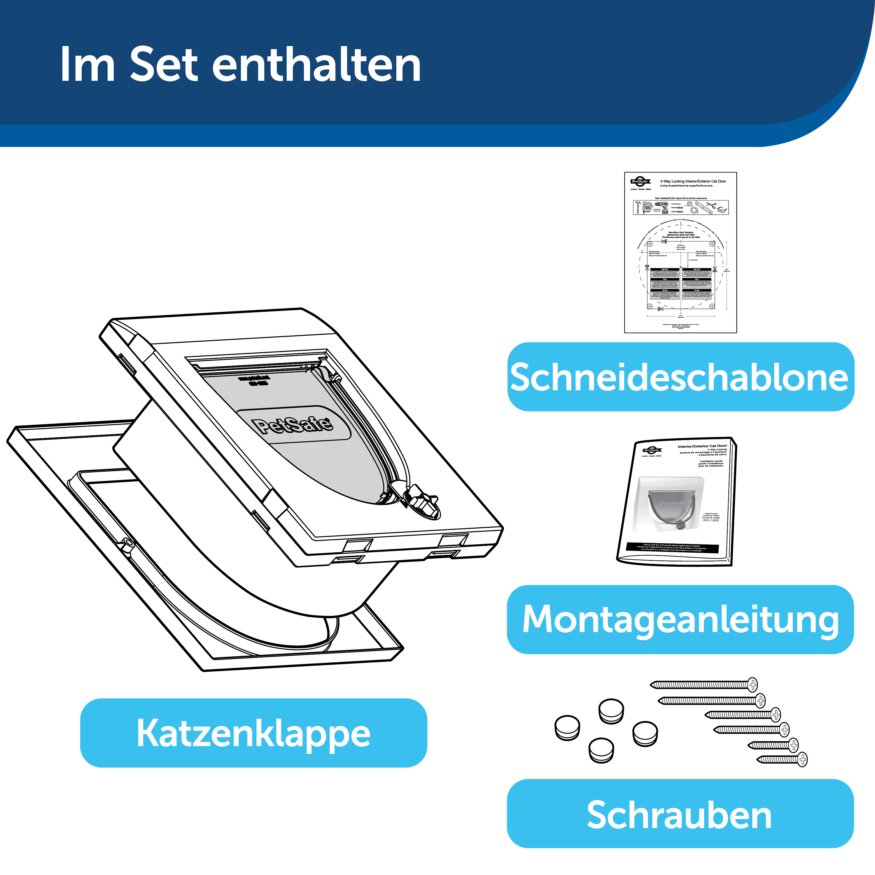 Diagramm mit einer Haustiertür, Schneideschablone, Montageanleitung und Schrauben.