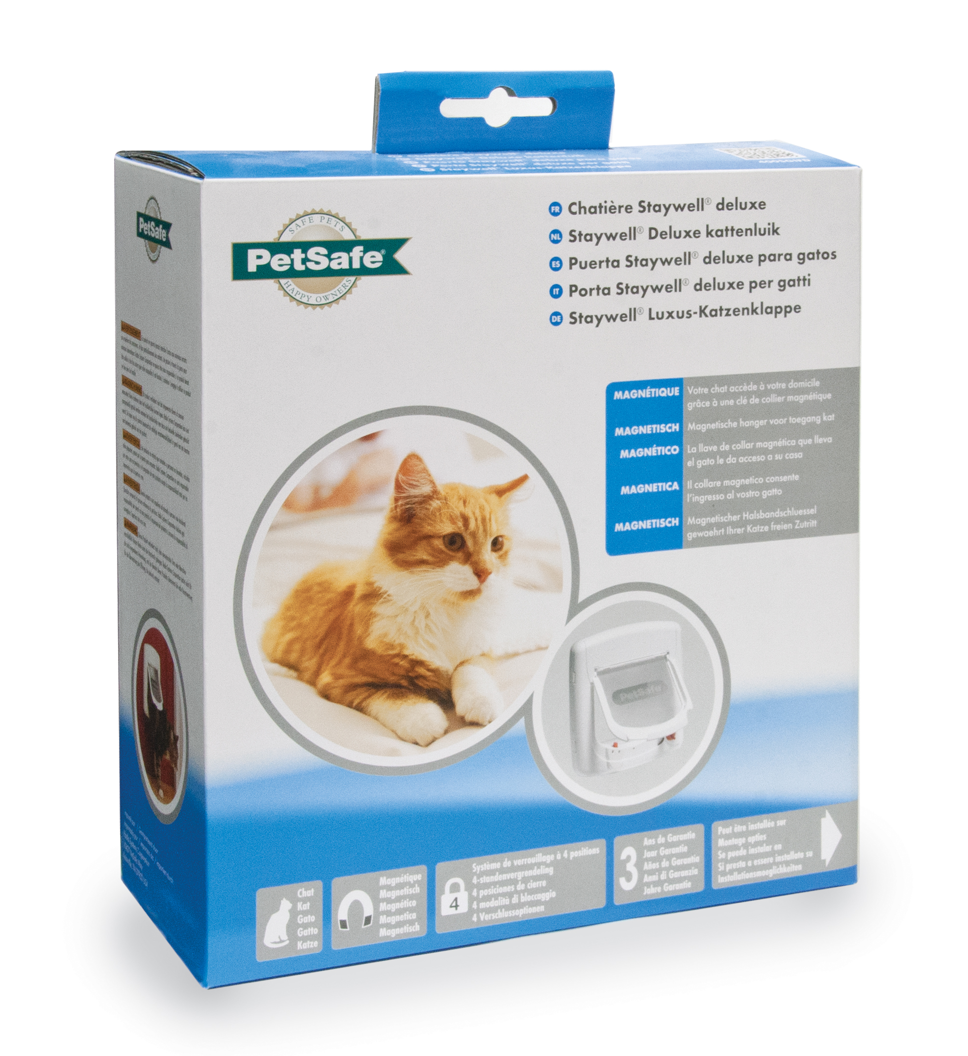 PetSafe Katzenklappen-Box mit Katzenbild. Die Box beschreibt die Produktmerkmale.