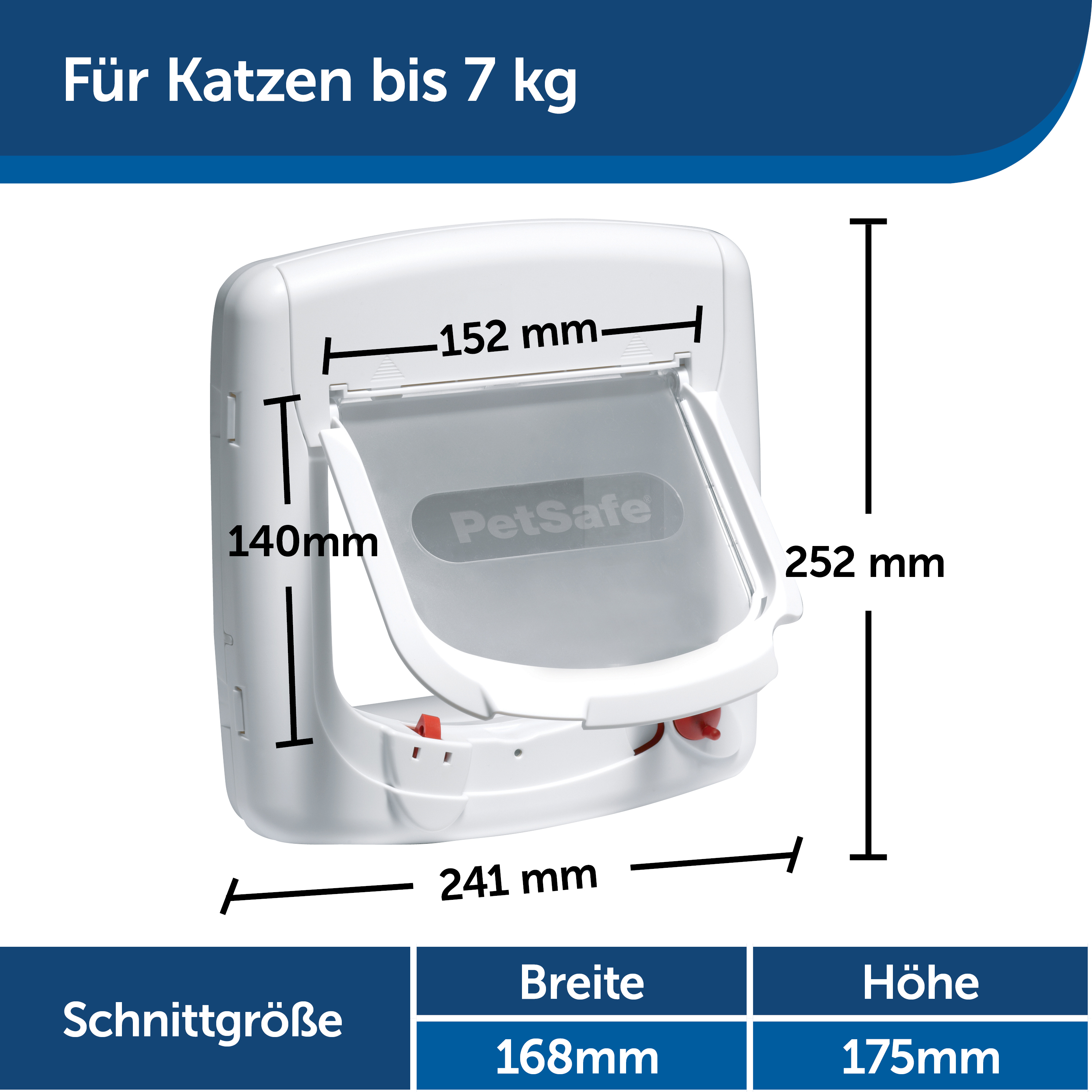 Weiße Katzentür mit Abmessungen in mm.