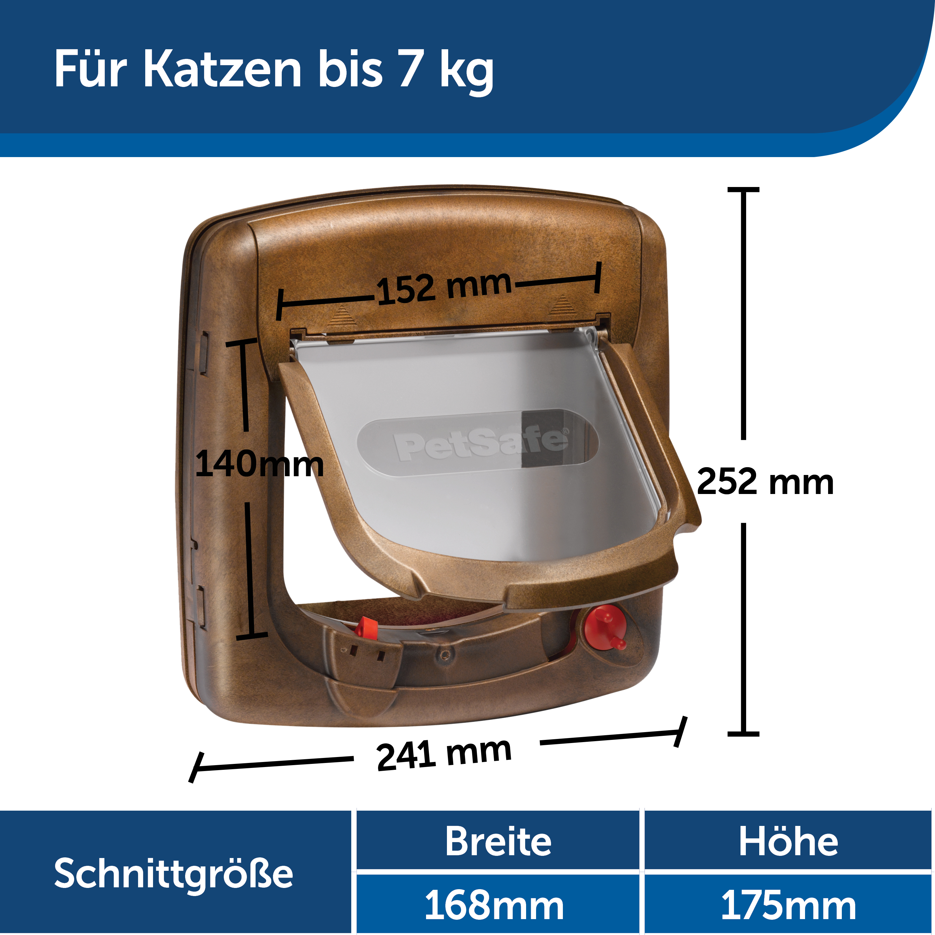 Eine braune Katzentür, mit Maßen und Text auf weißem Hintergrund.