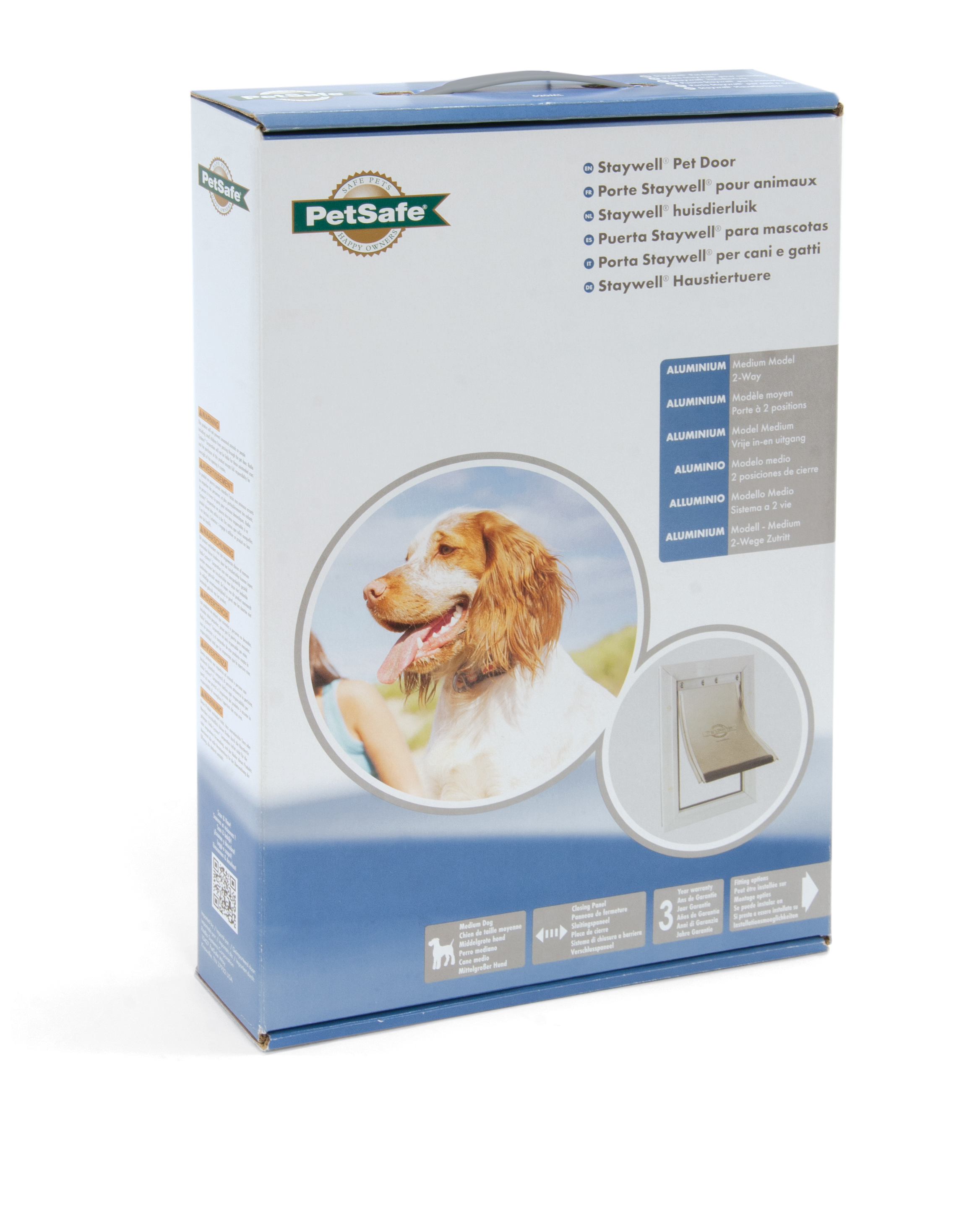 Eine Box mit einem Hundebild, einer Hunde-Tür-Illustration und Text in mehreren Sprachen.
