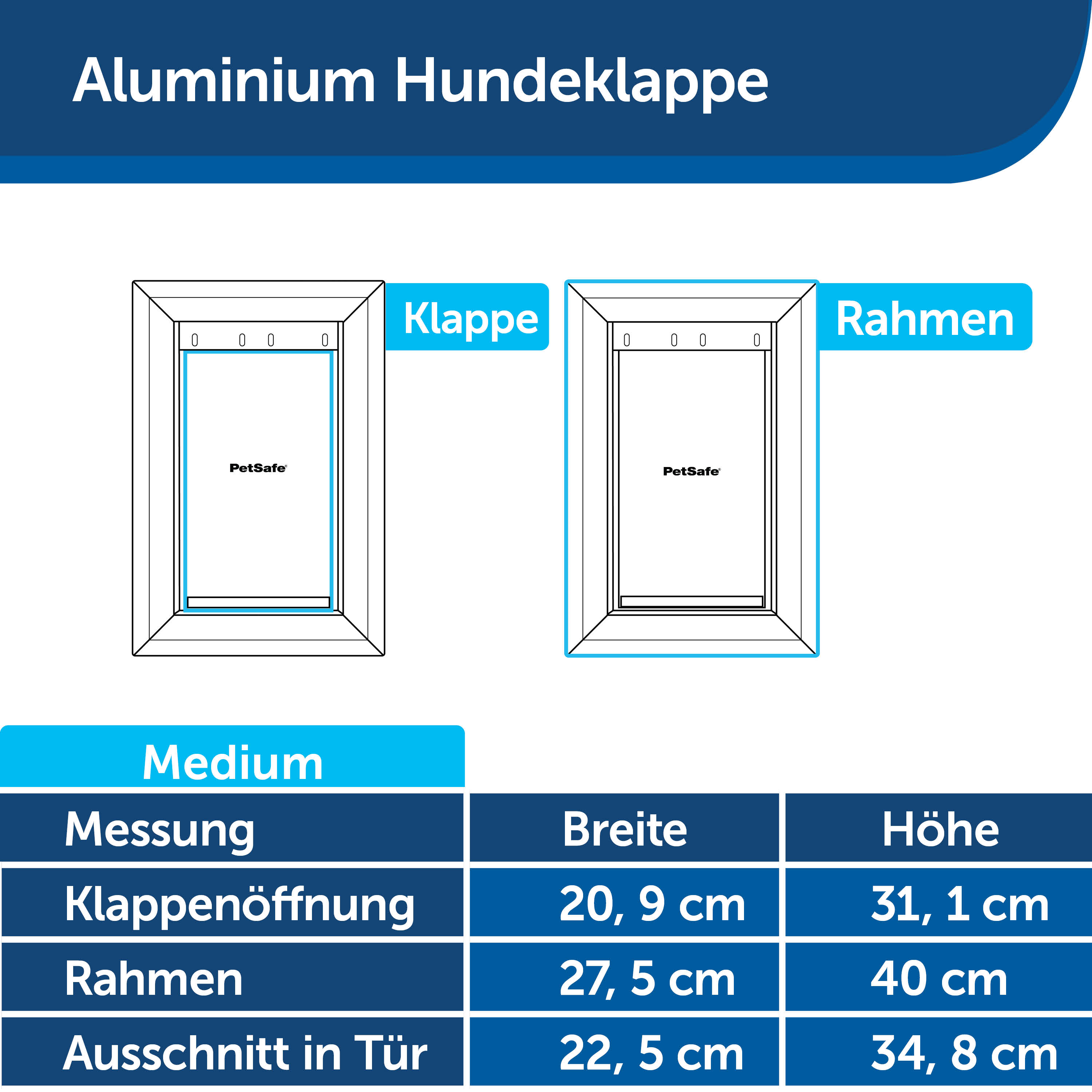 Diagramm einer Hundeklappe mit Abmessungen in cm. Zeigt Tür- und Rahmengrößen.
