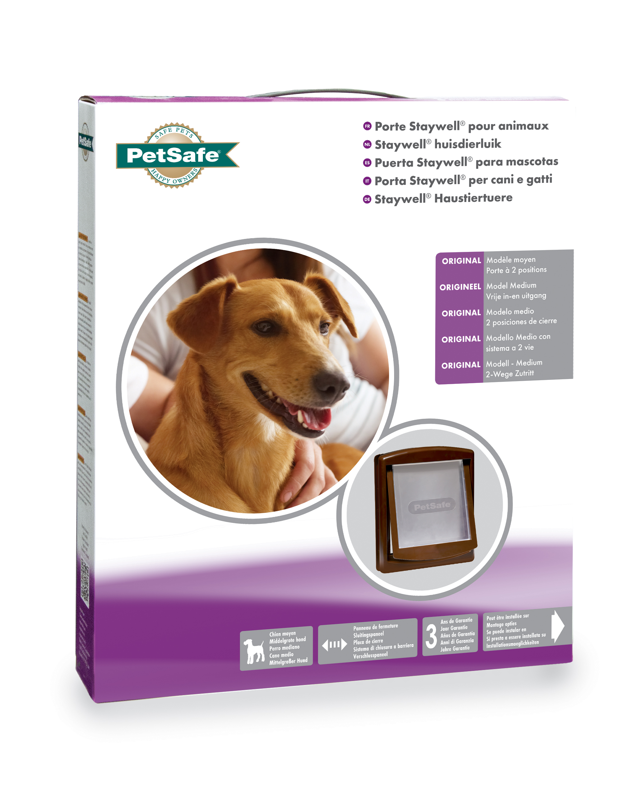 PetSafe Hundetür Verpackung. Zeigt einen Hund und die Tür. Text in mehreren Sprachen.