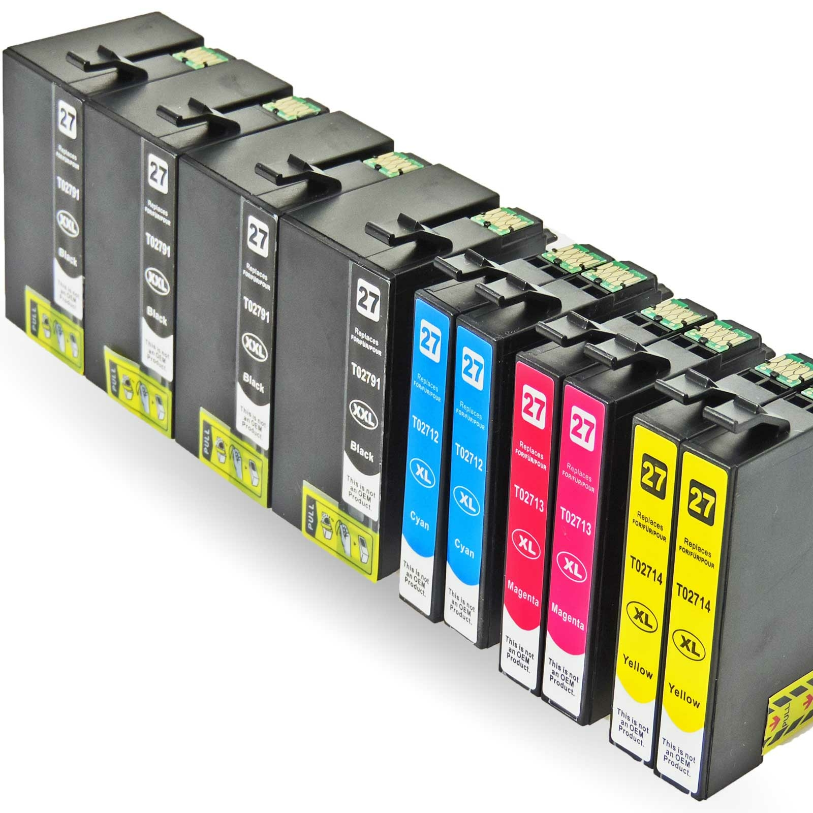 Eine Reihe schwarzer Tintenpatronen mit farbcodierten Etiketten (Cyan, Magenta, Gelb, Schwarz) und Verpackung.