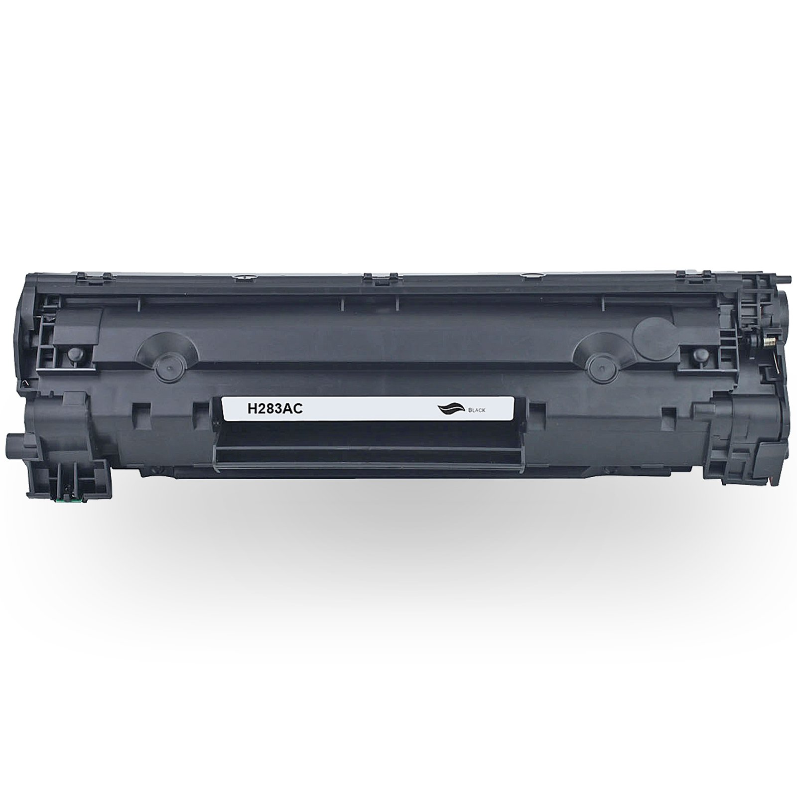 Eine schwarze Tonerkartusche mit weißem Etikett mit der Aufschrift 'H283AC' und dem Wort 'Black'.