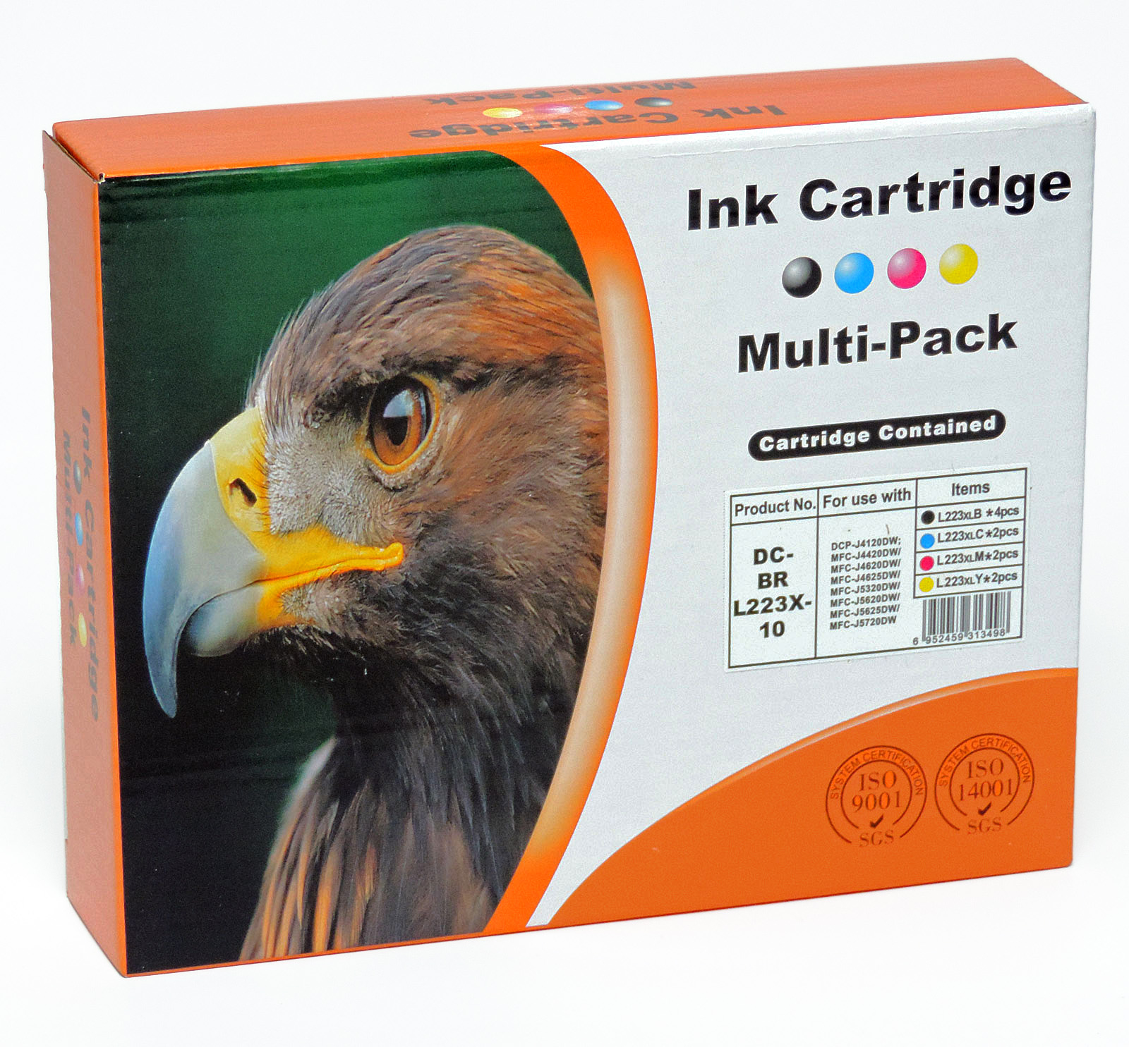 Eine Tintenpatronen-Multipack-Box mit einem Foto eines Adlers. Die Box ist orange und weiß.