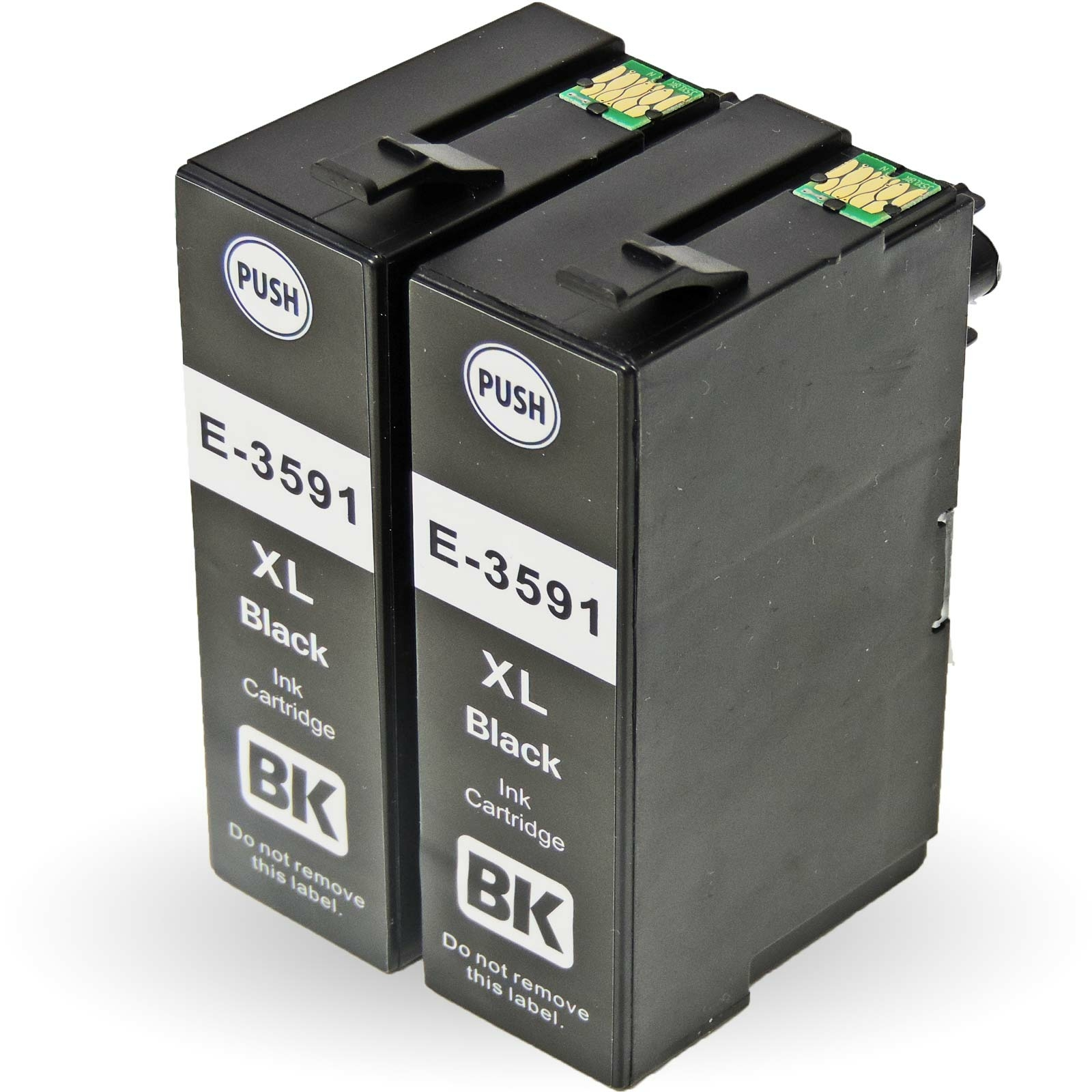 Zwei schwarze Tintenpatronen für einen Drucker. Die Patronen sind mit 'XL Black' beschriftet.