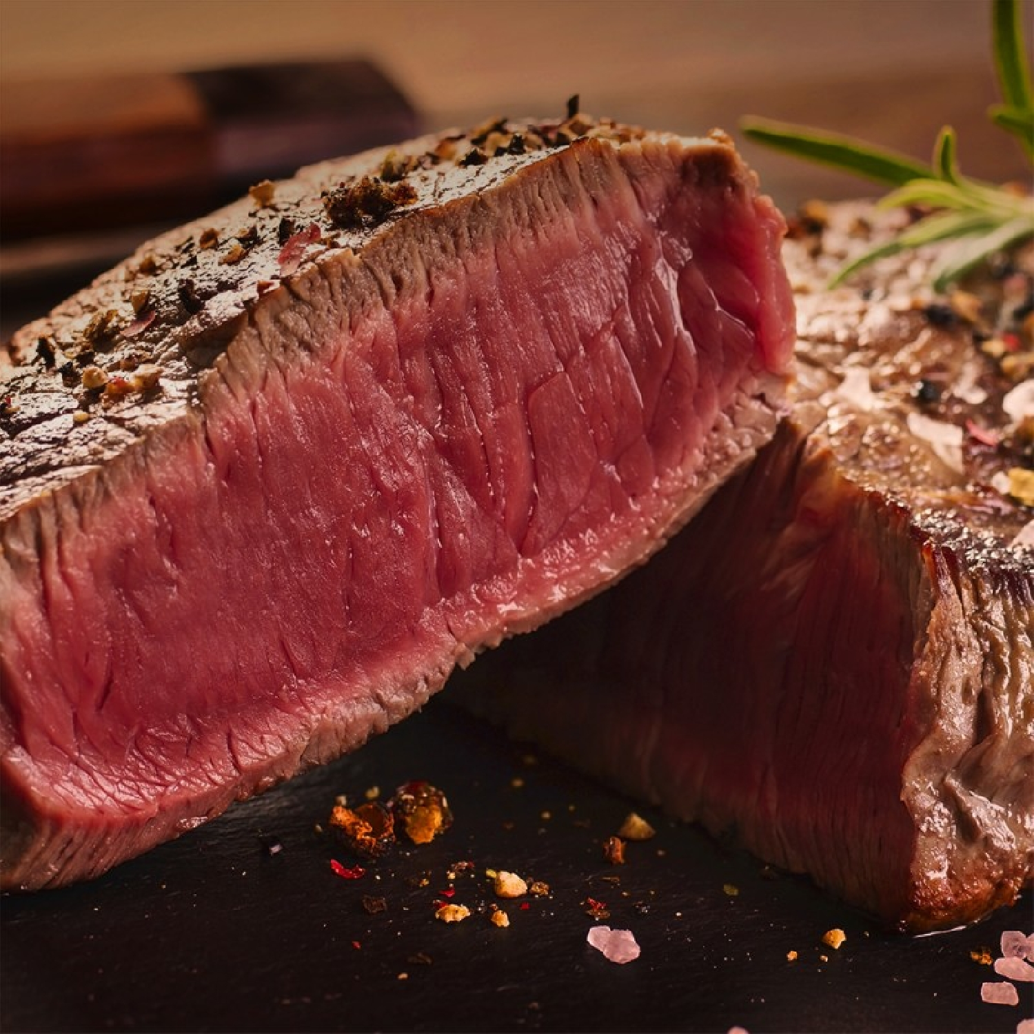 Primo piano di bistecca cotta tagliata, su una superficie nera.